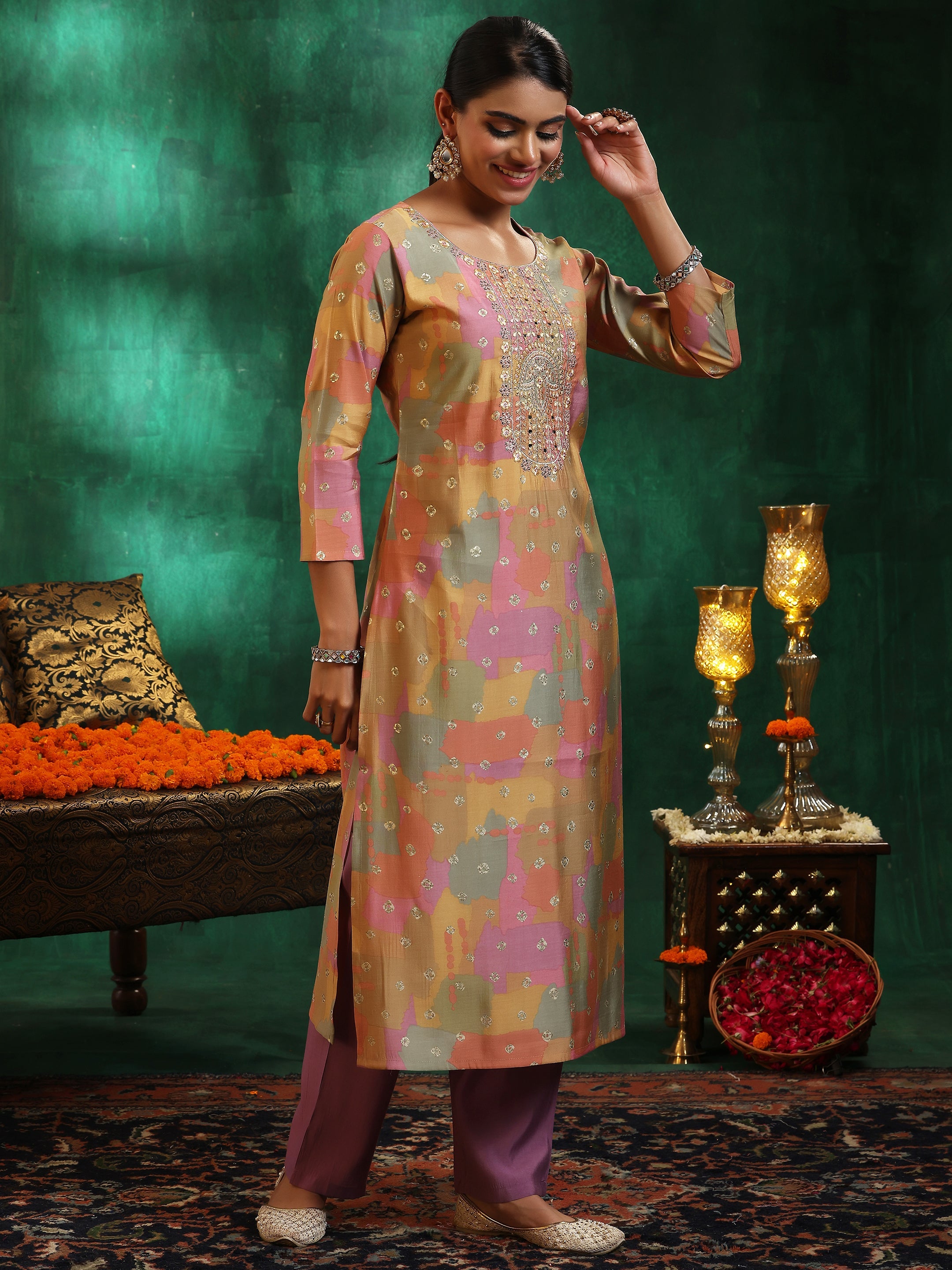 Multicoloured Printed Silk Blend Straight Suit With Dupatta