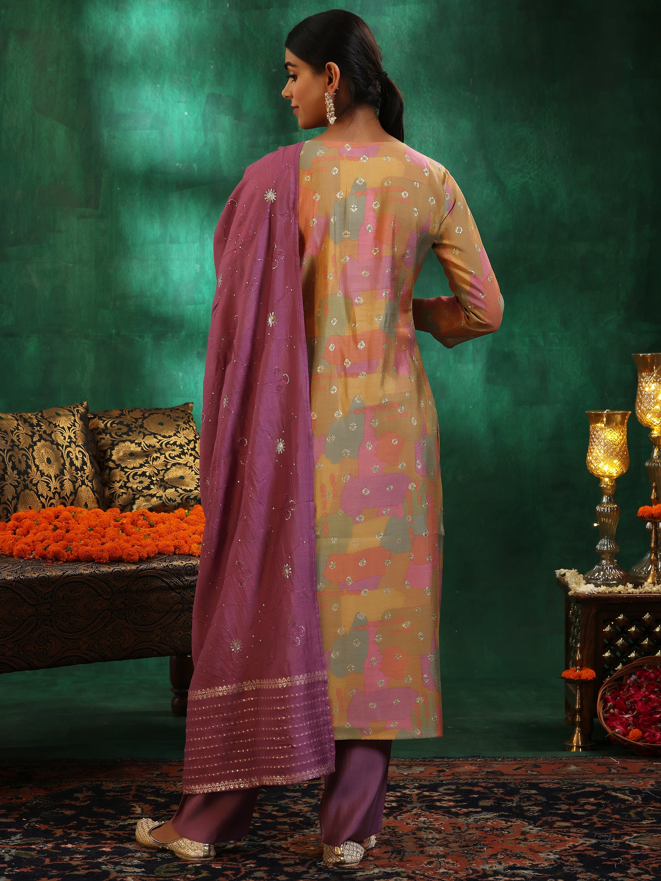 Multicoloured Printed Silk Blend Straight Suit With Dupatta