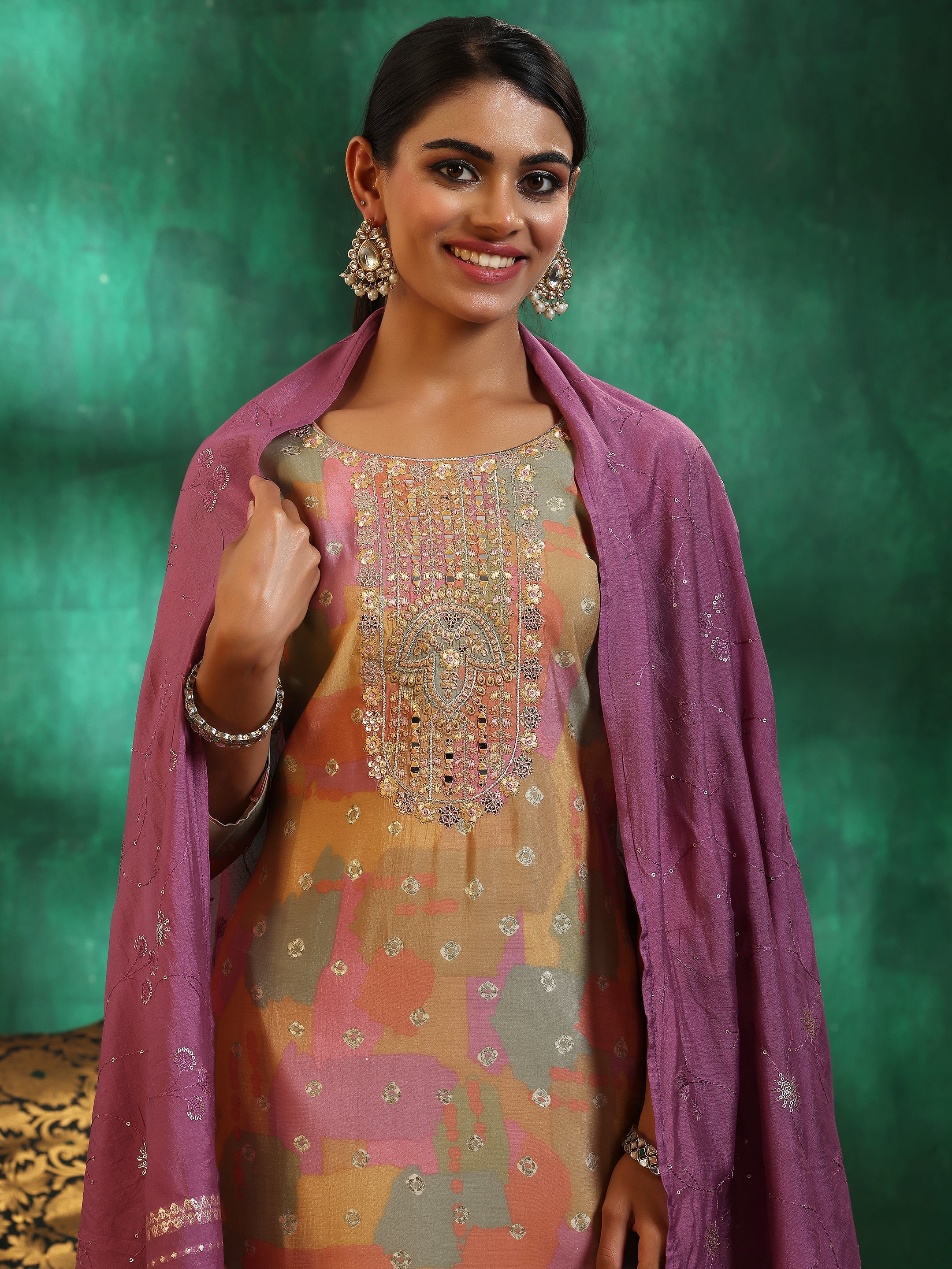 Multicoloured Printed Silk Blend Straight Suit With Dupatta