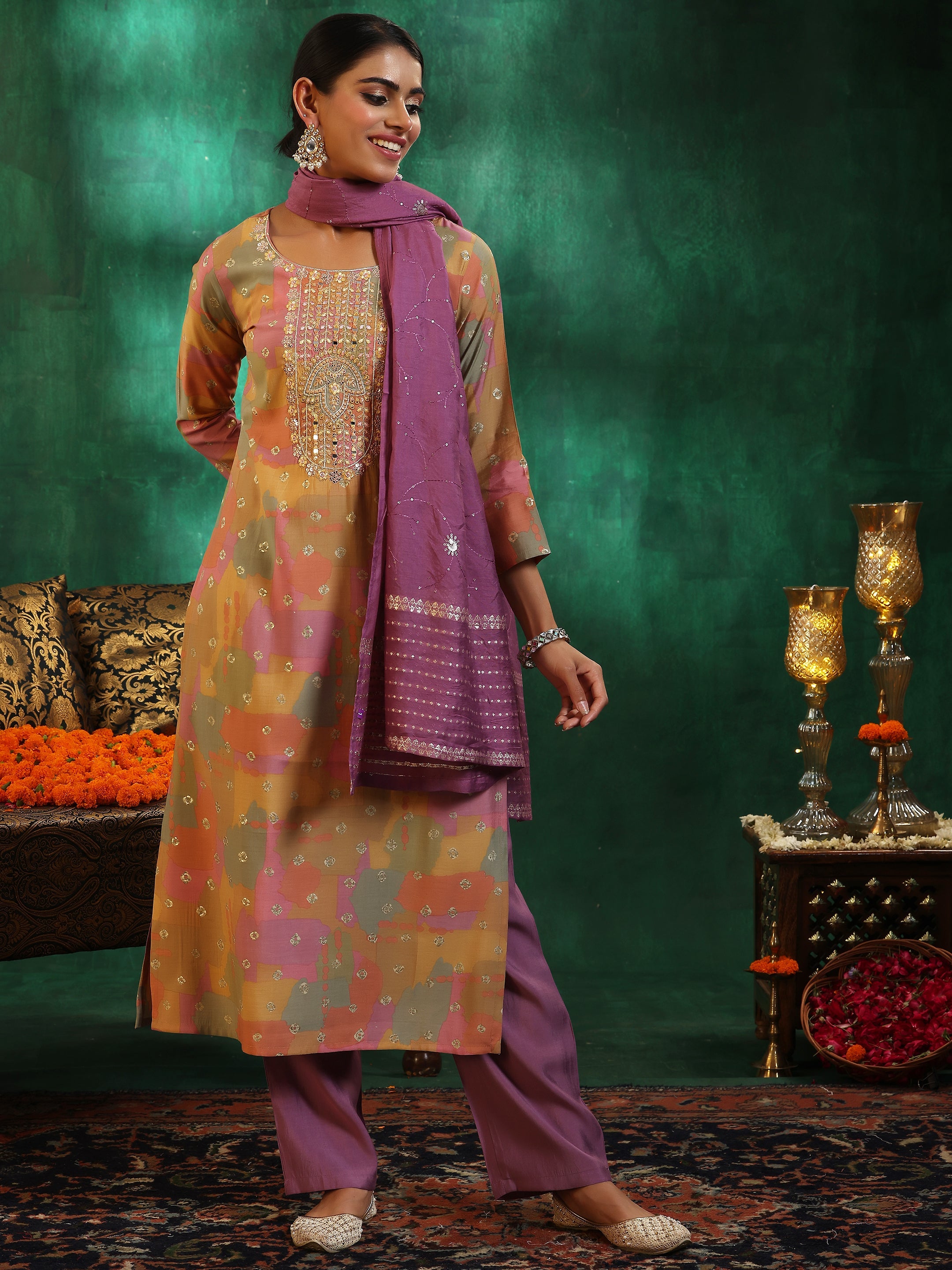 Multicoloured Printed Silk Blend Straight Suit With Dupatta