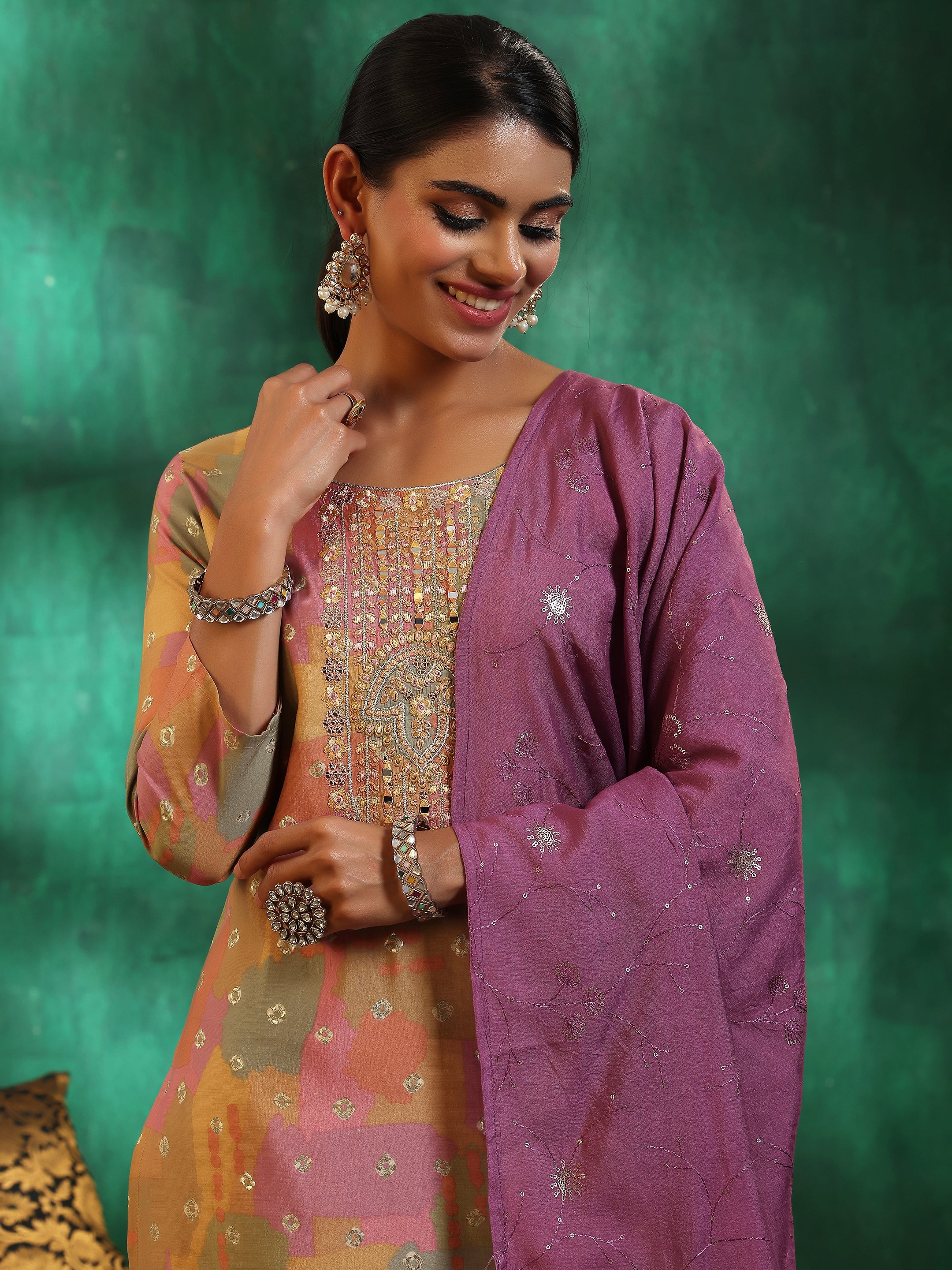 Multicoloured Printed Silk Blend Straight Suit With Dupatta