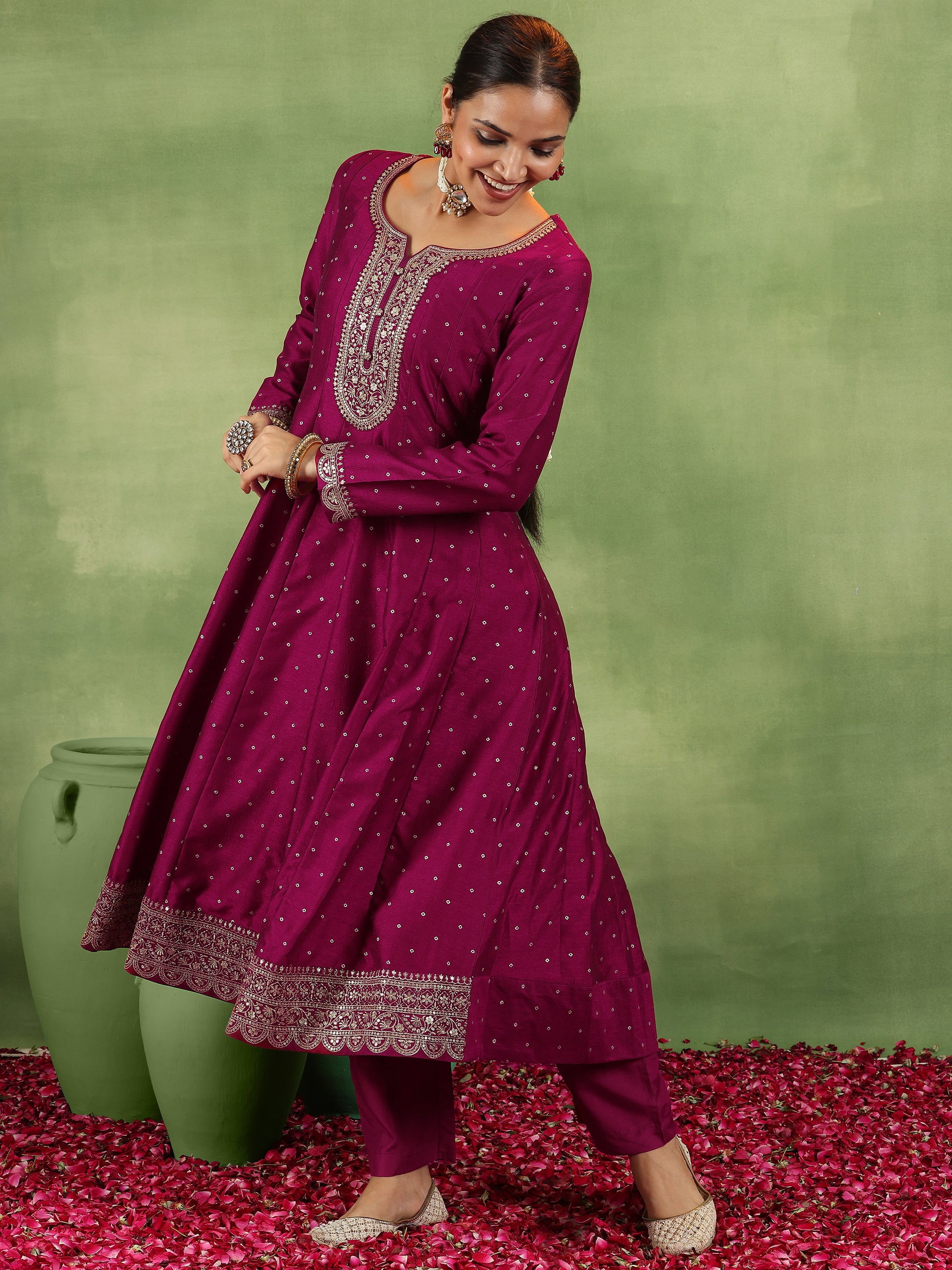 Maroon Embroidered Silk Blend Anarkali Suit With Dupatta