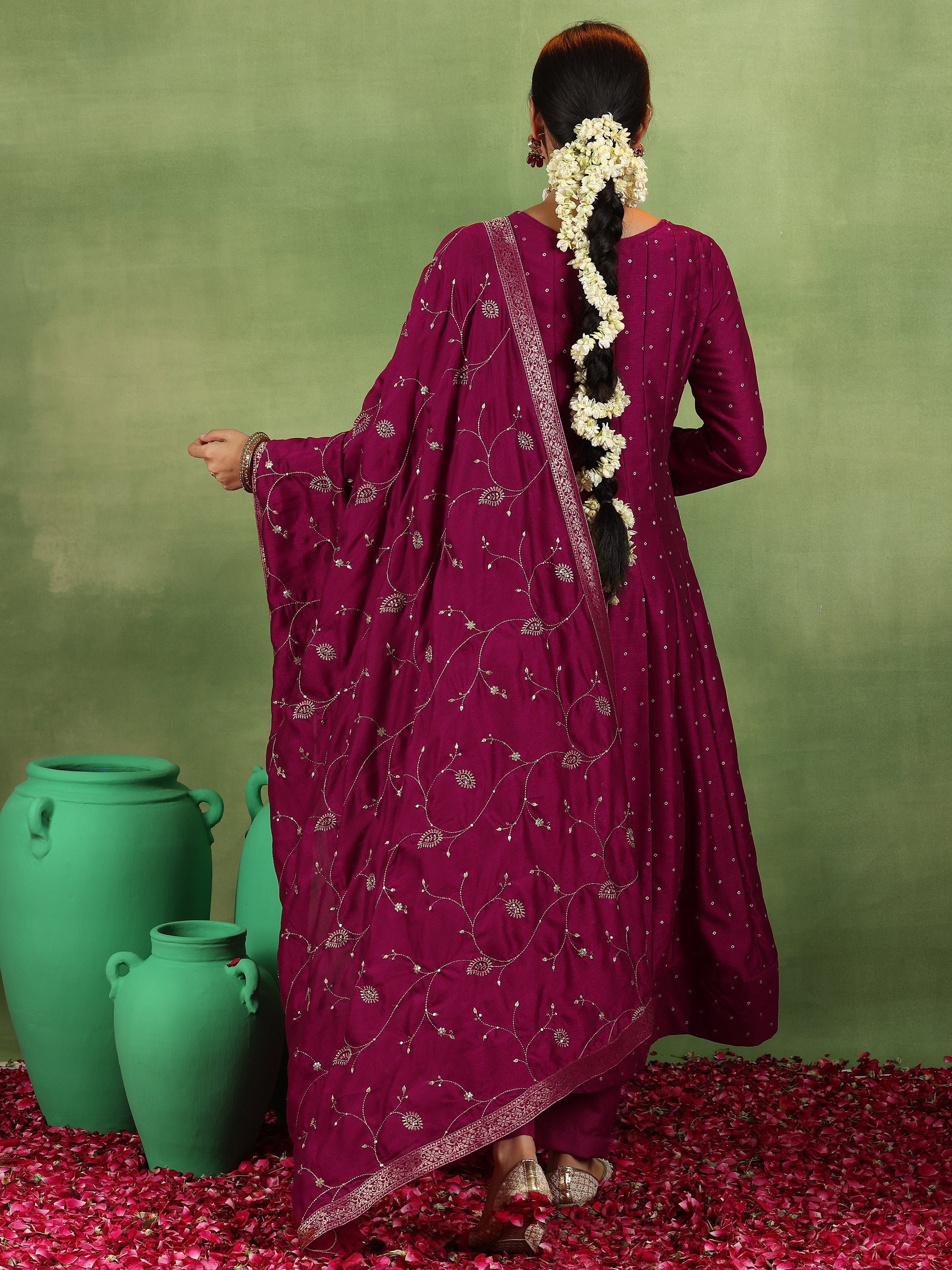 Maroon Embroidered Silk Blend Anarkali Suit With Dupatta