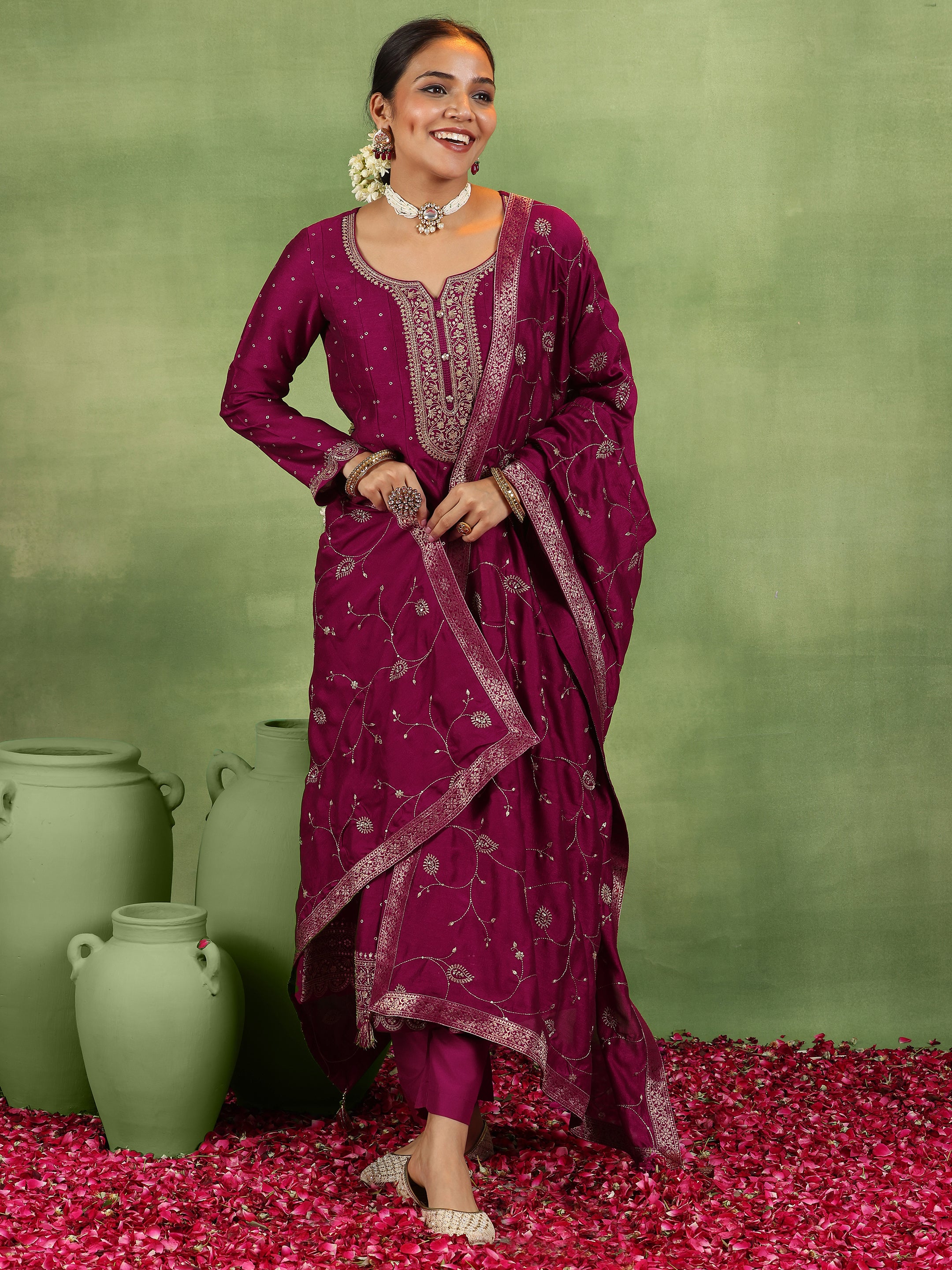 Maroon Embroidered Silk Blend Anarkali Suit With Dupatta