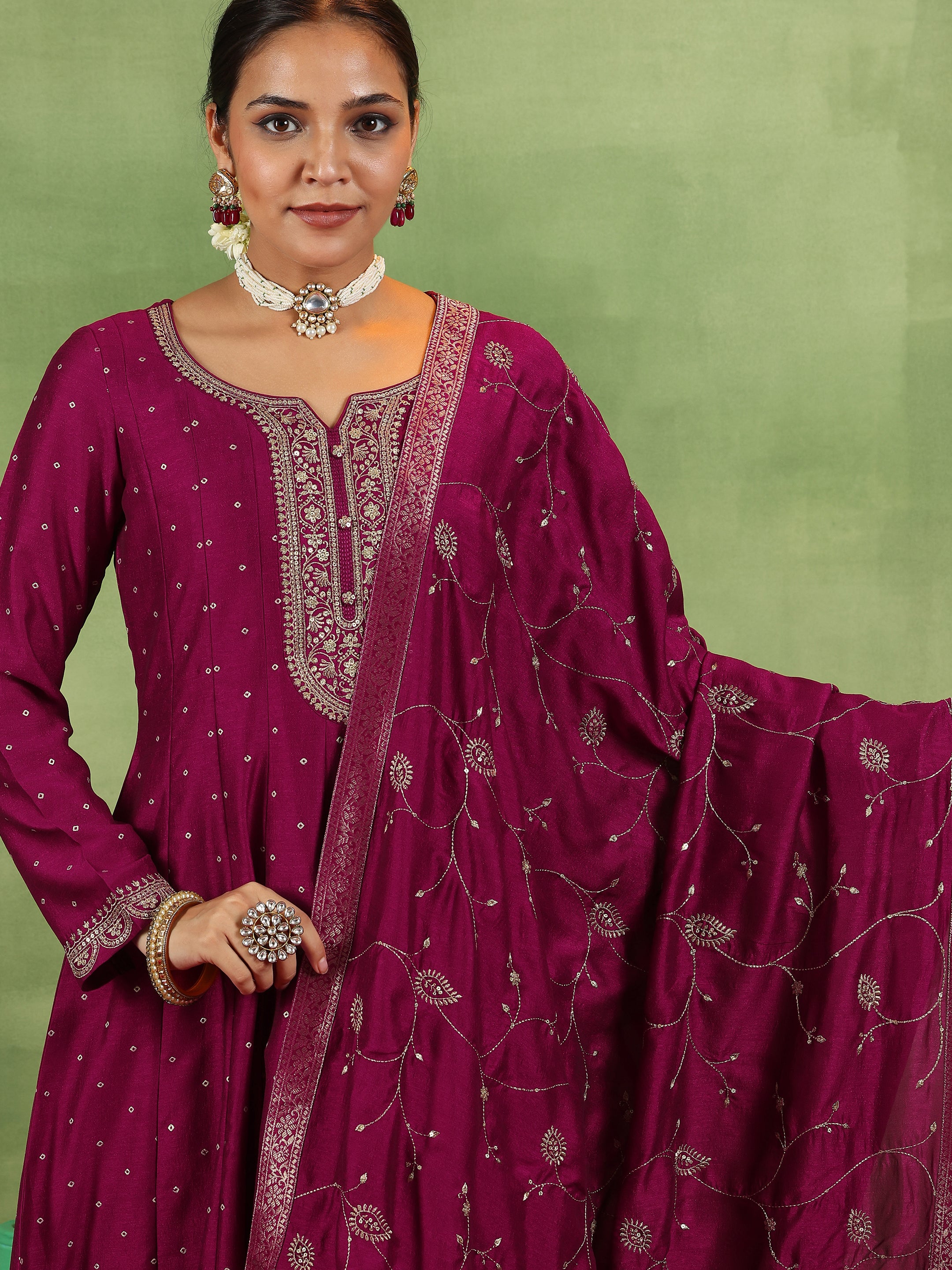 Maroon Embroidered Silk Blend Anarkali Suit With Dupatta