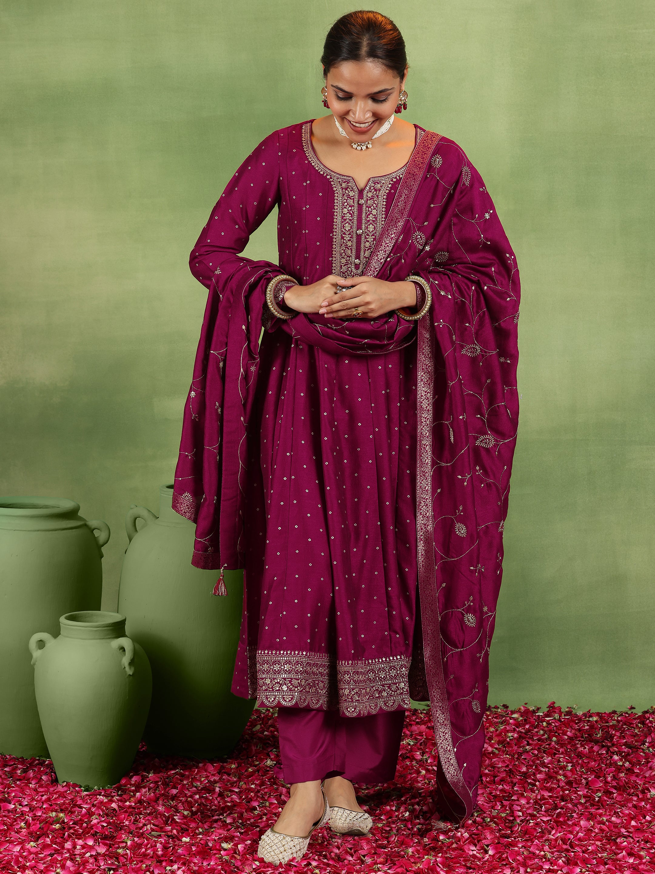 Maroon Embroidered Silk Blend Anarkali Suit With Dupatta