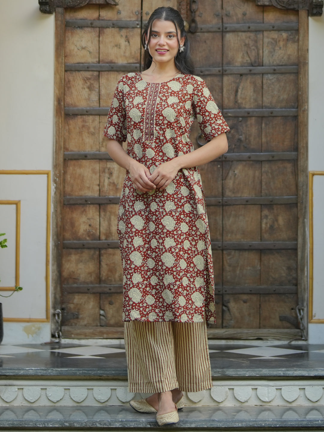 Maroon Printed Cotton Straight Kurta Set