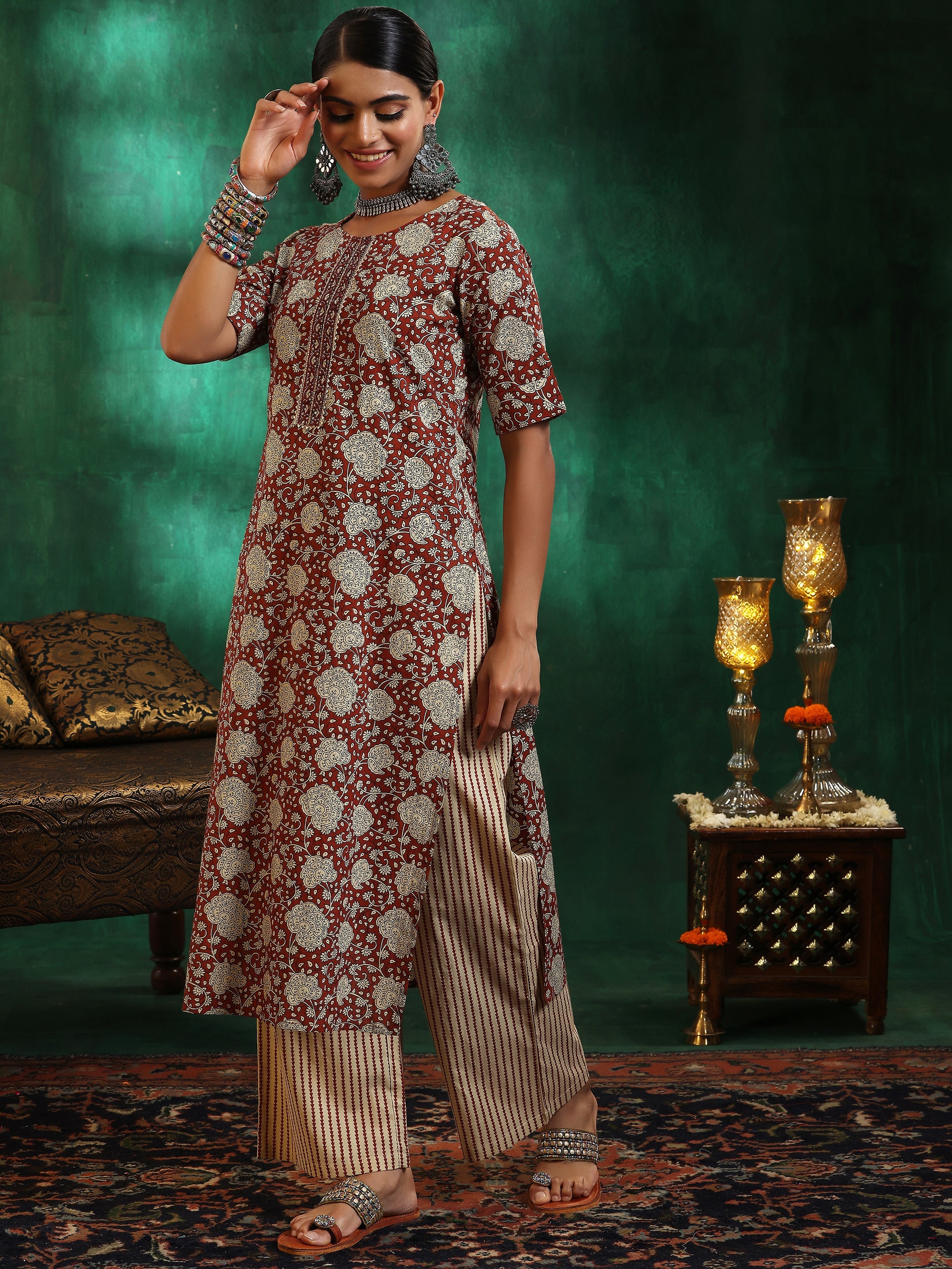 Maroon Printed Cotton Straight Kurta Set