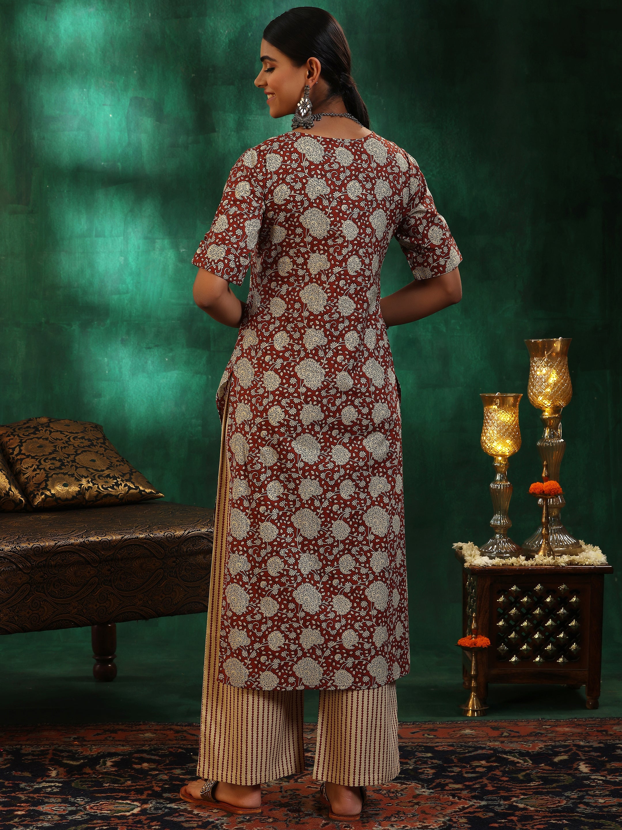 Maroon Printed Cotton Straight Kurta Set