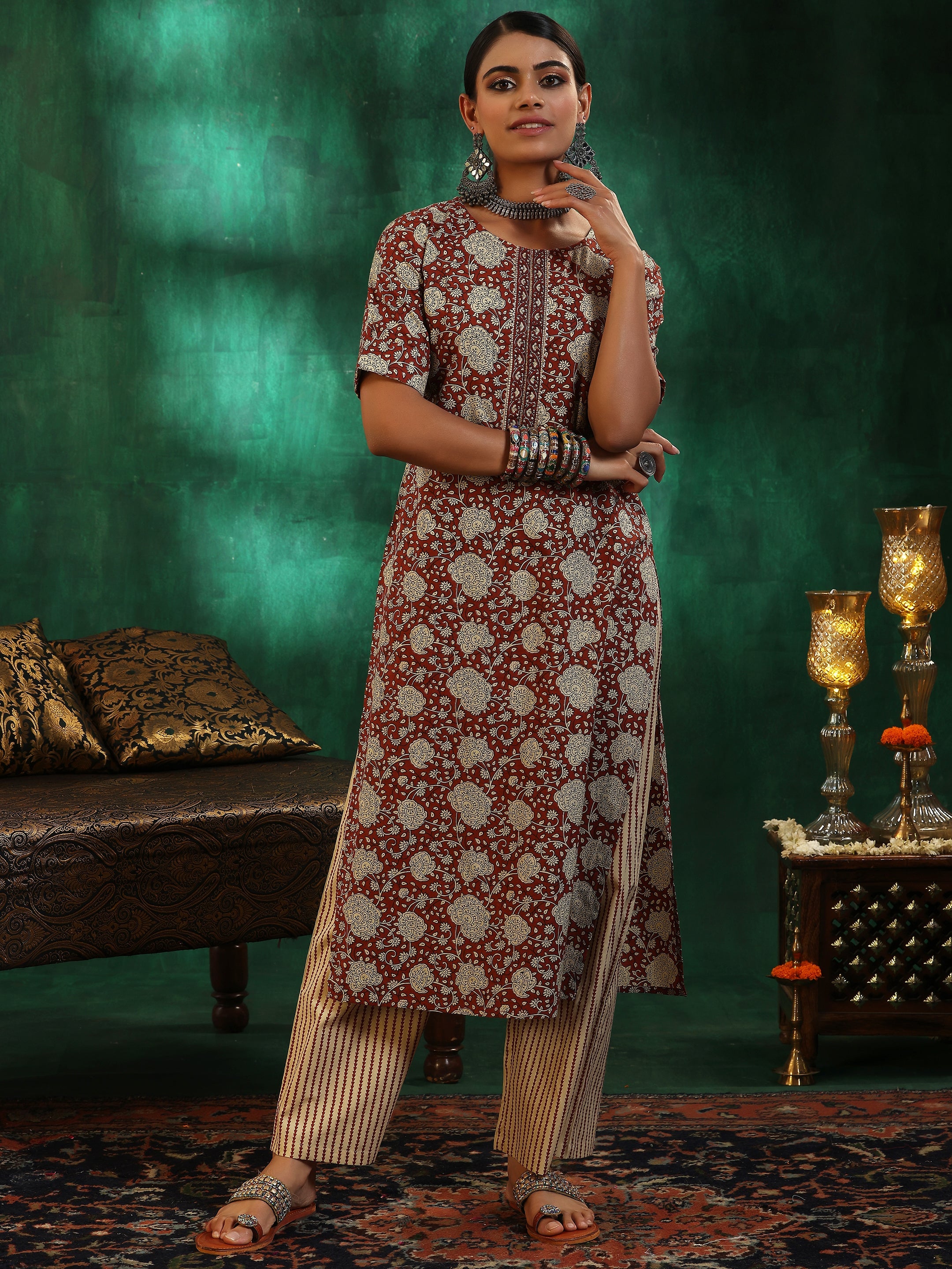 Maroon Printed Cotton Straight Kurta Set