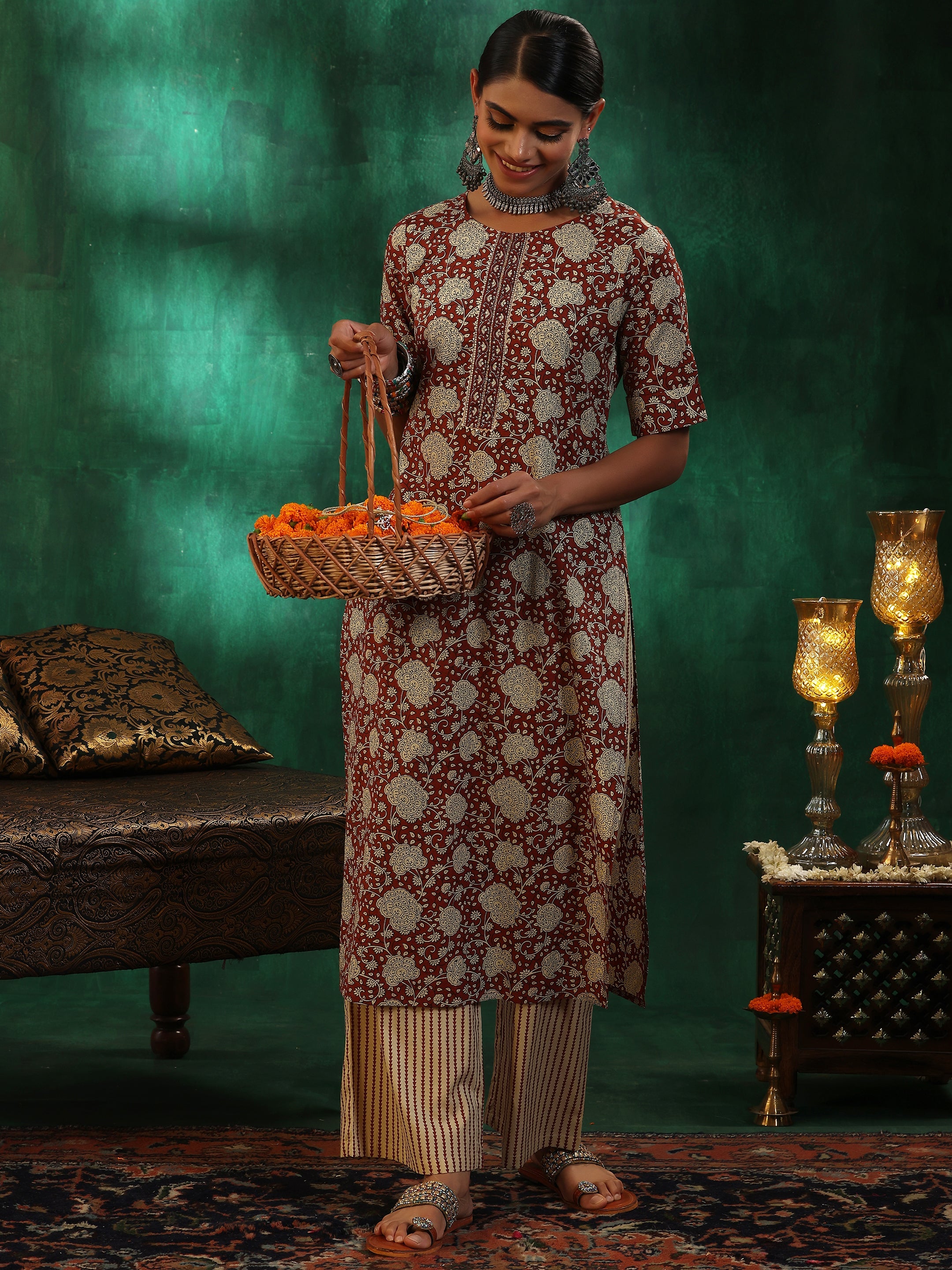 Maroon Printed Cotton Straight Kurta Set