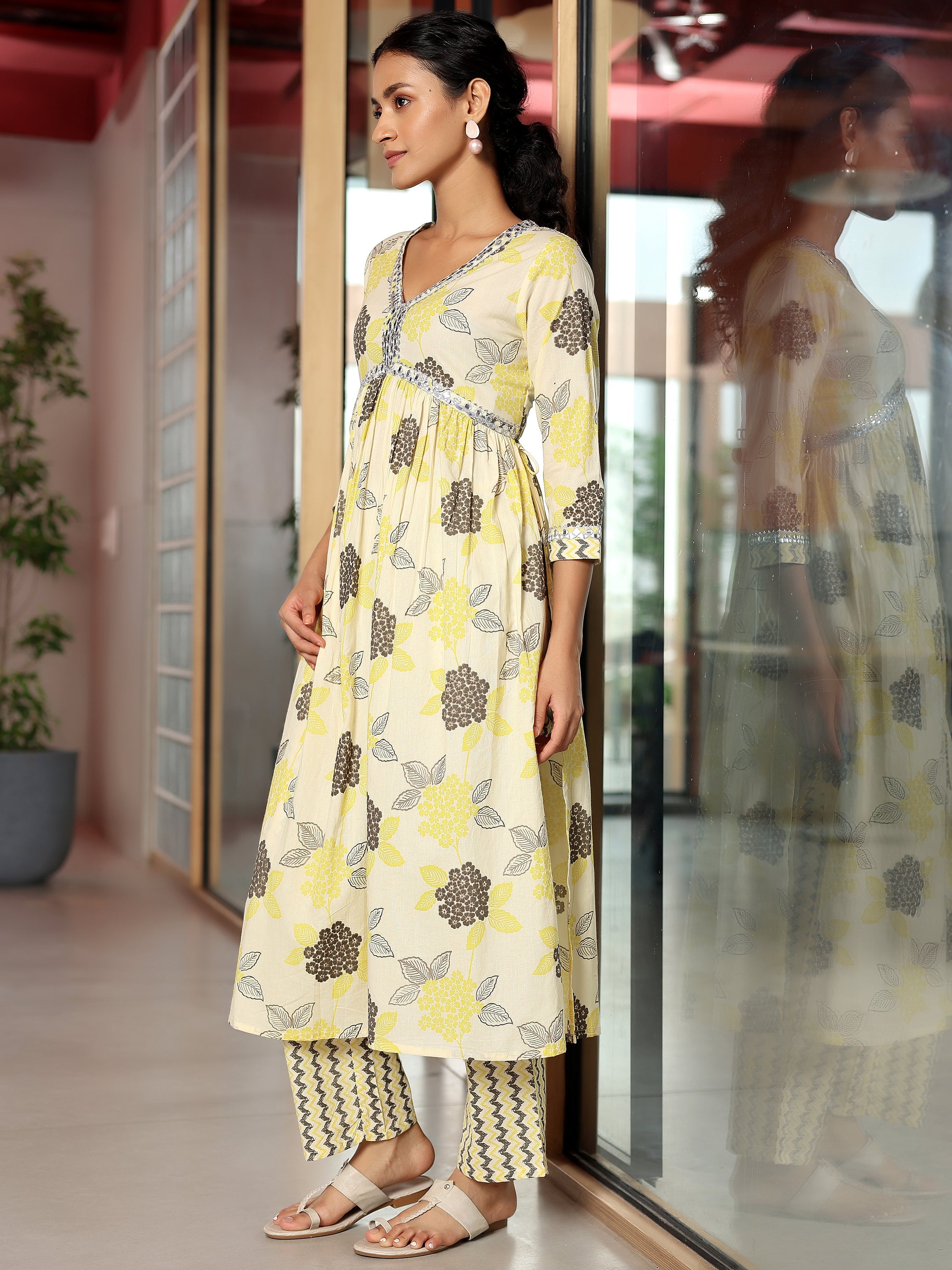 Off White Printed Cotton A-Line Kurta With Trousers