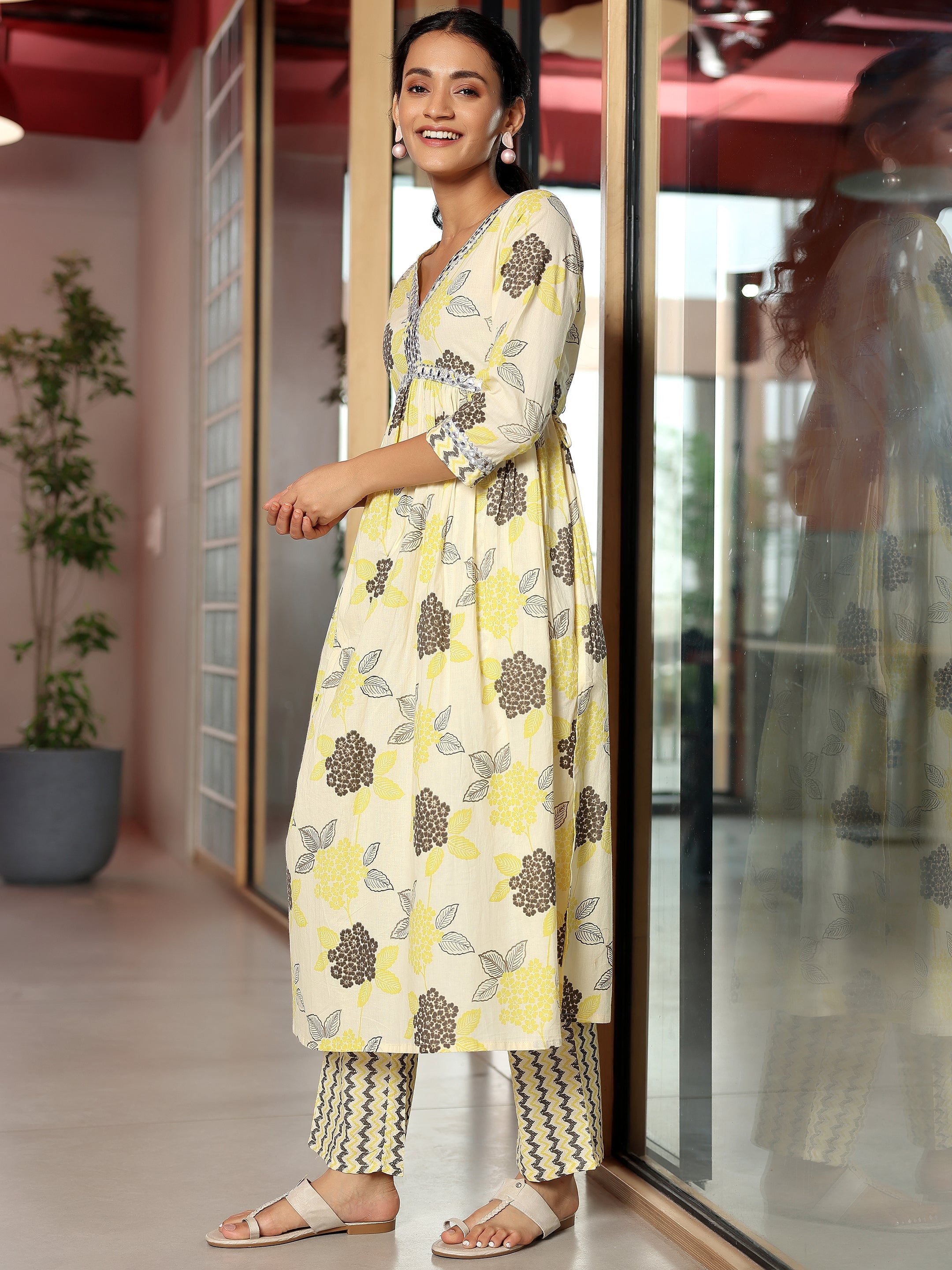 Off White Printed Cotton A-Line Kurta With Trousers