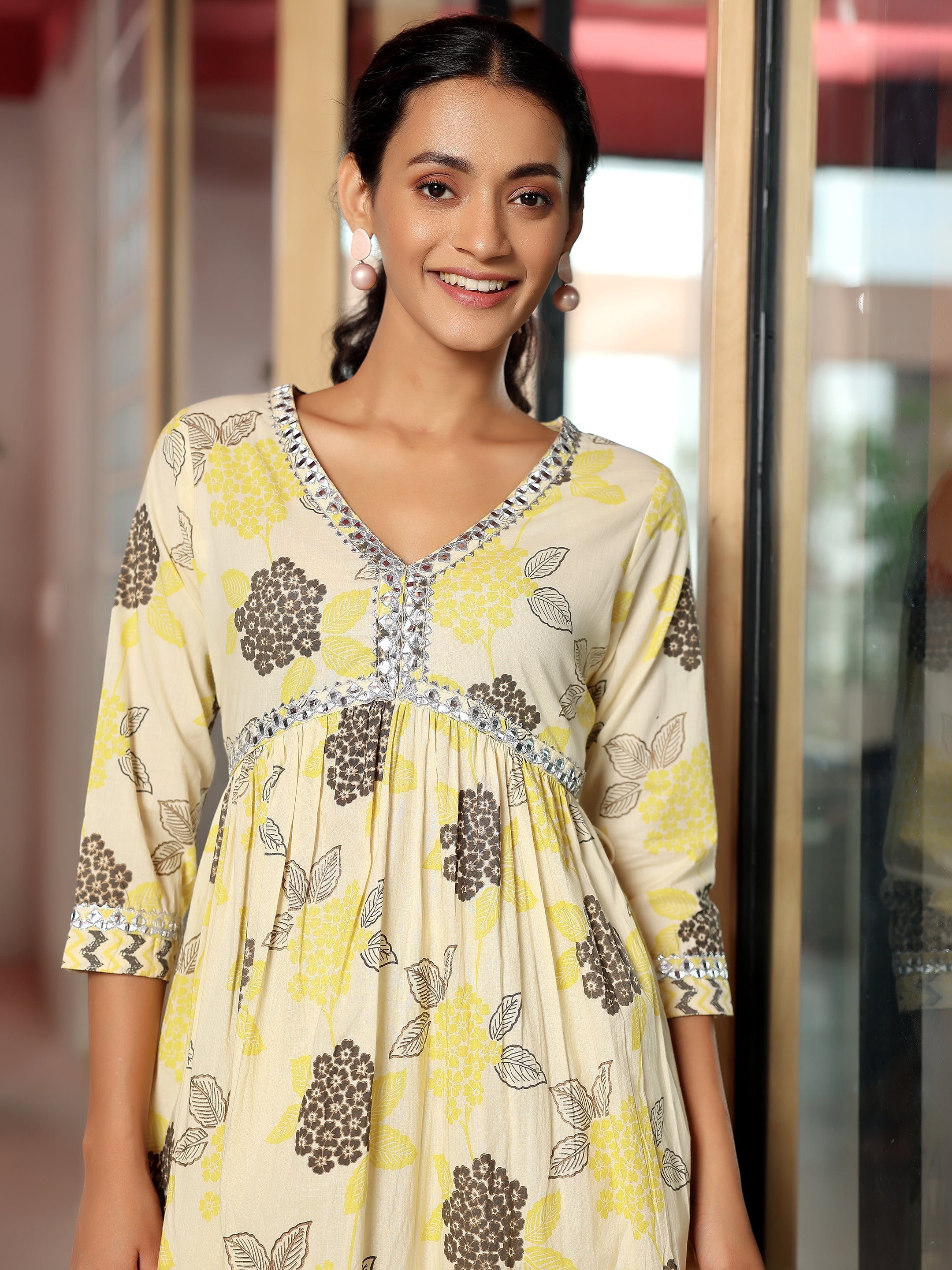 Off White Printed Cotton A-Line Kurta With Trousers