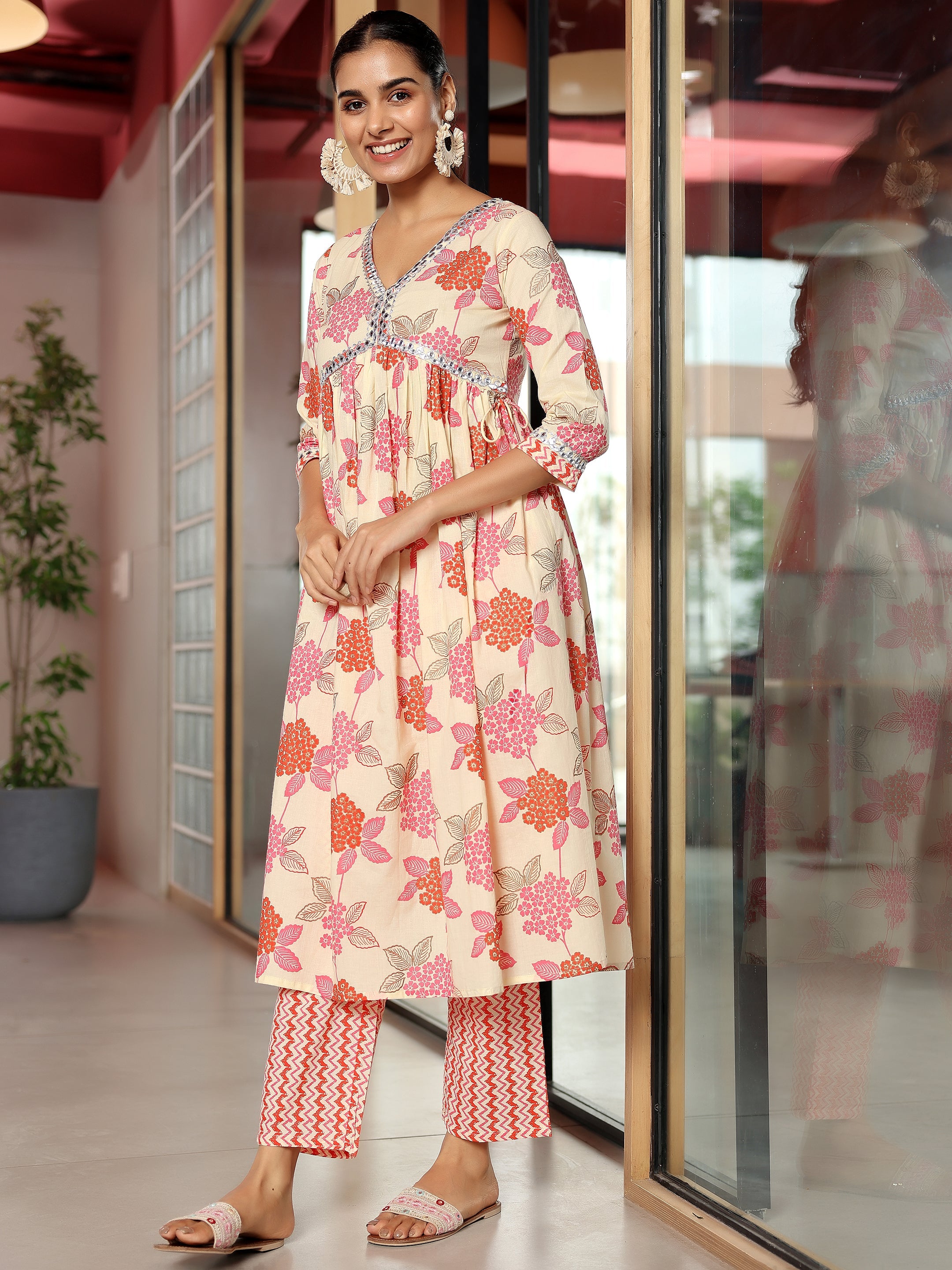 Off White Printed Cotton A-Line Kurta With Trousers