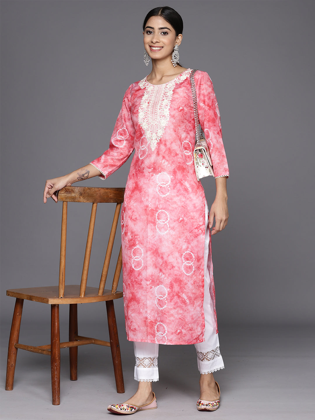 Peach Printed Cotton Straight Kurta