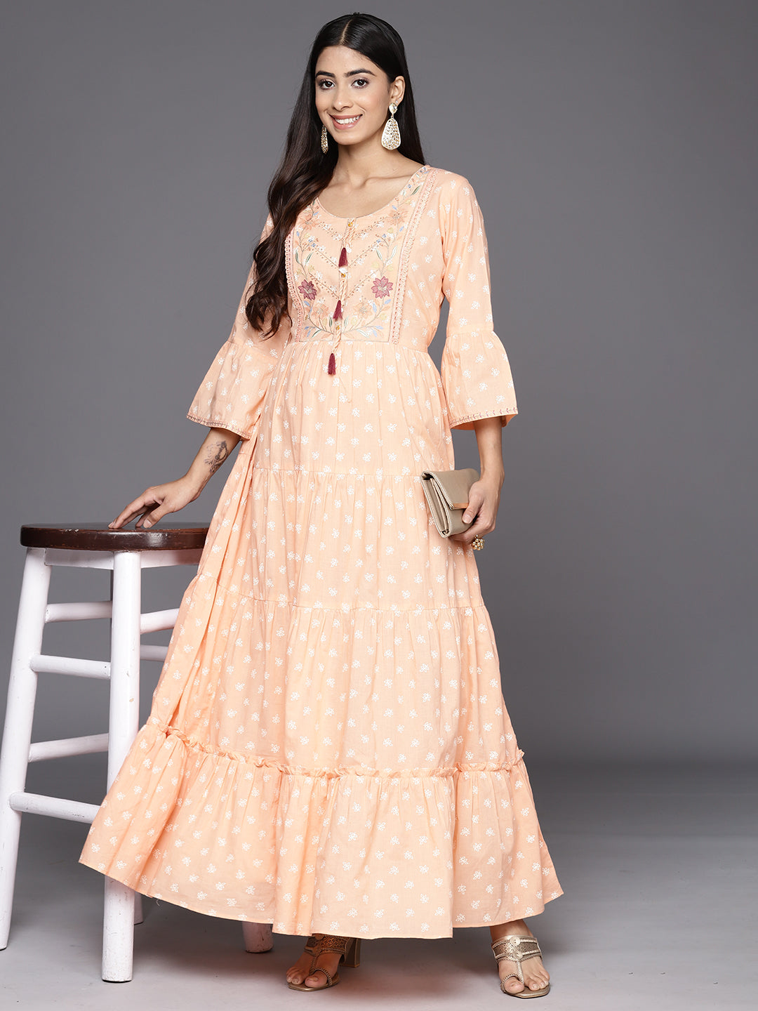 Peach Embroidered Cotton Fit and Flare Dress