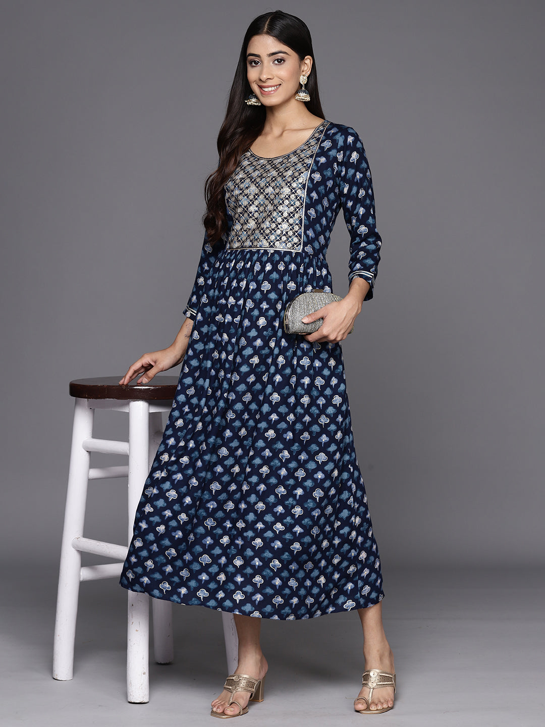 Navy Blue Embellished Rayon Fit and Flare Dress