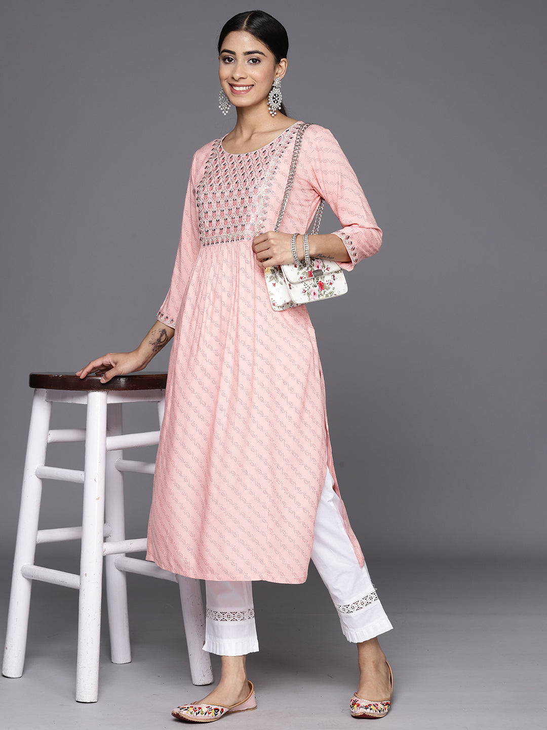 Pink Printed Rayon Straight Kurta