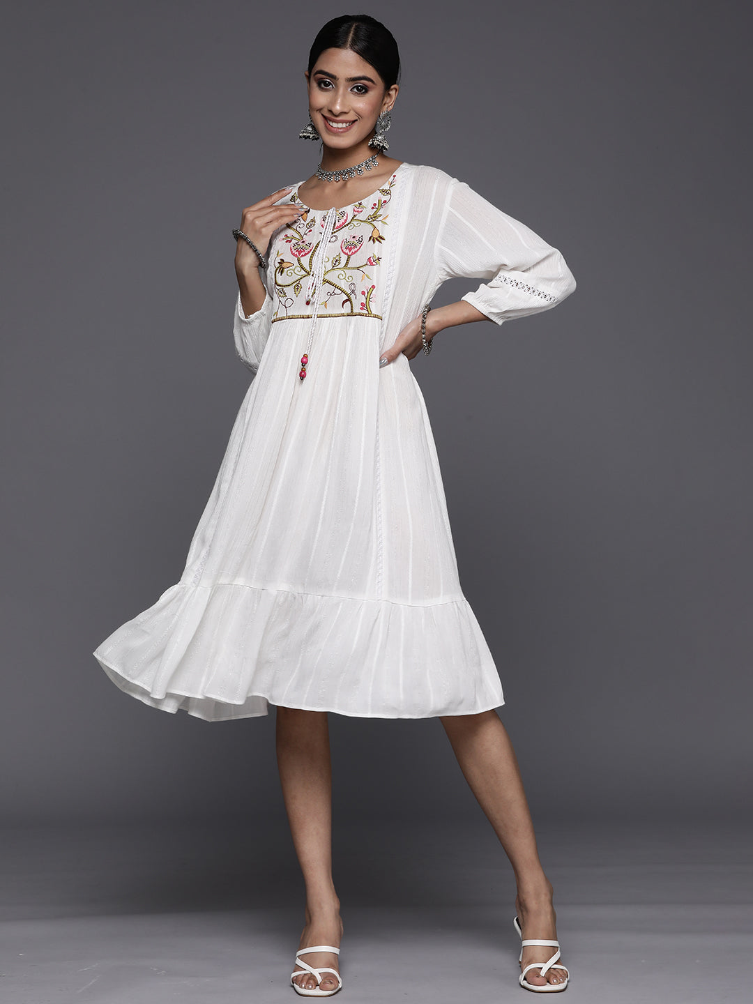 White Embroidered Rayon A-Line Dress