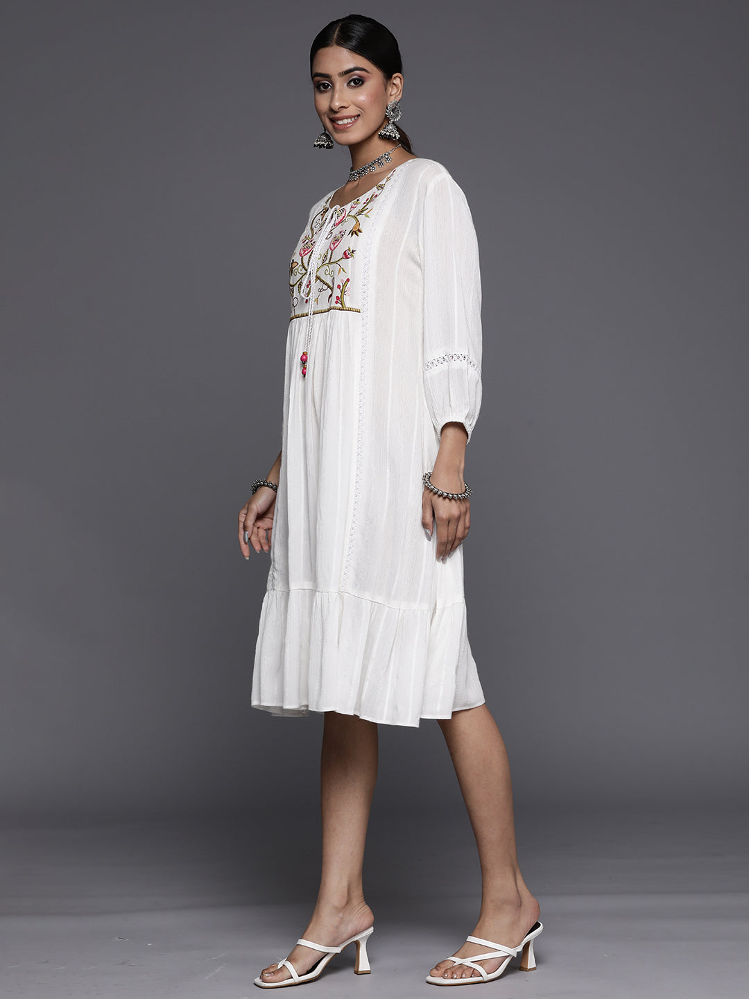 White Embroidered Rayon A-Line Dress