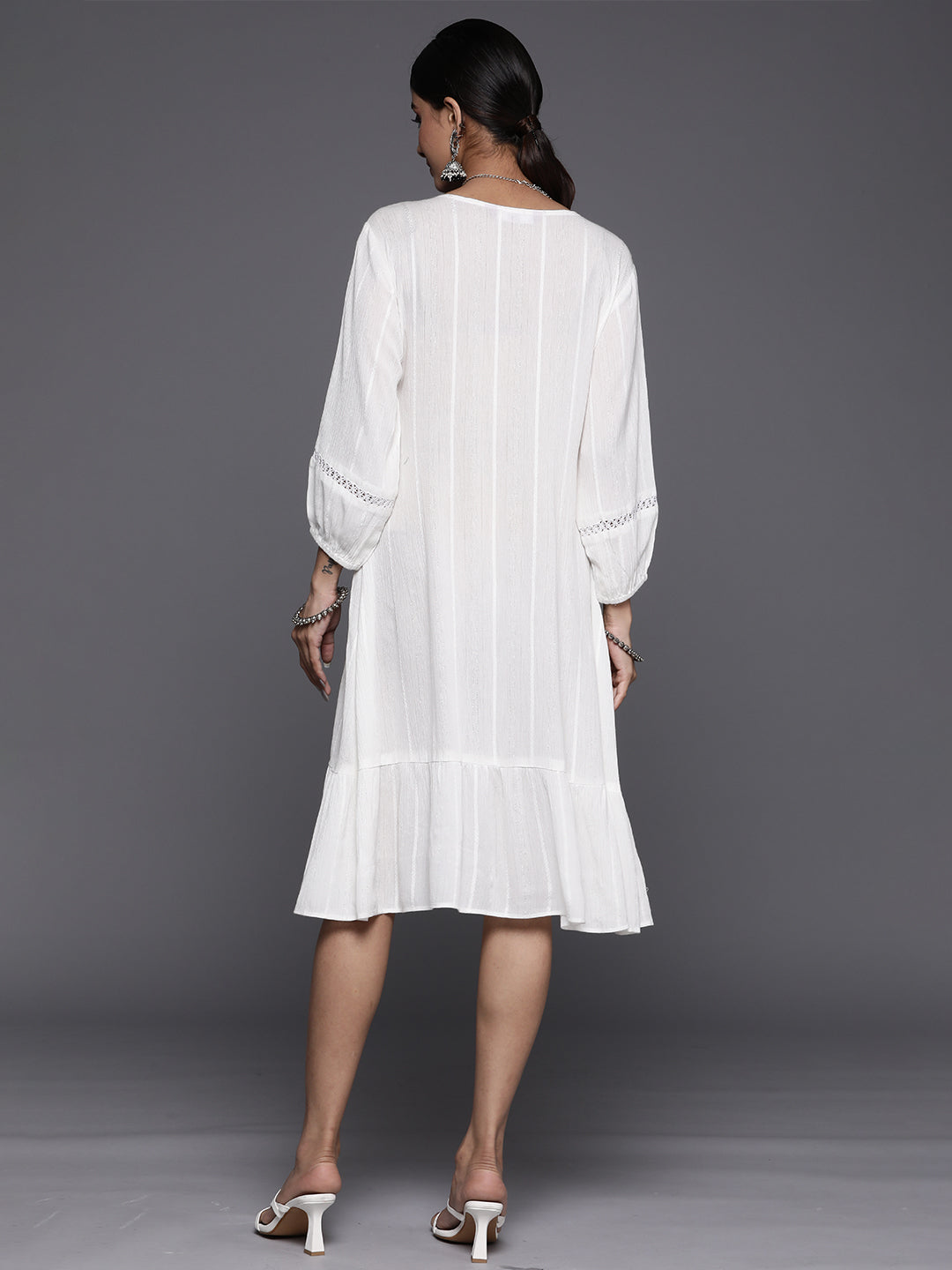 White Embroidered Rayon A-Line Dress