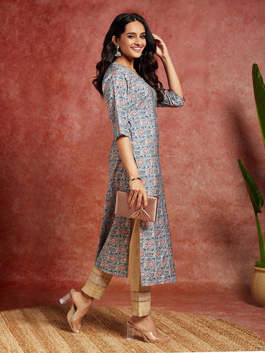 Blue Yoke Design Silk Straight Kurta