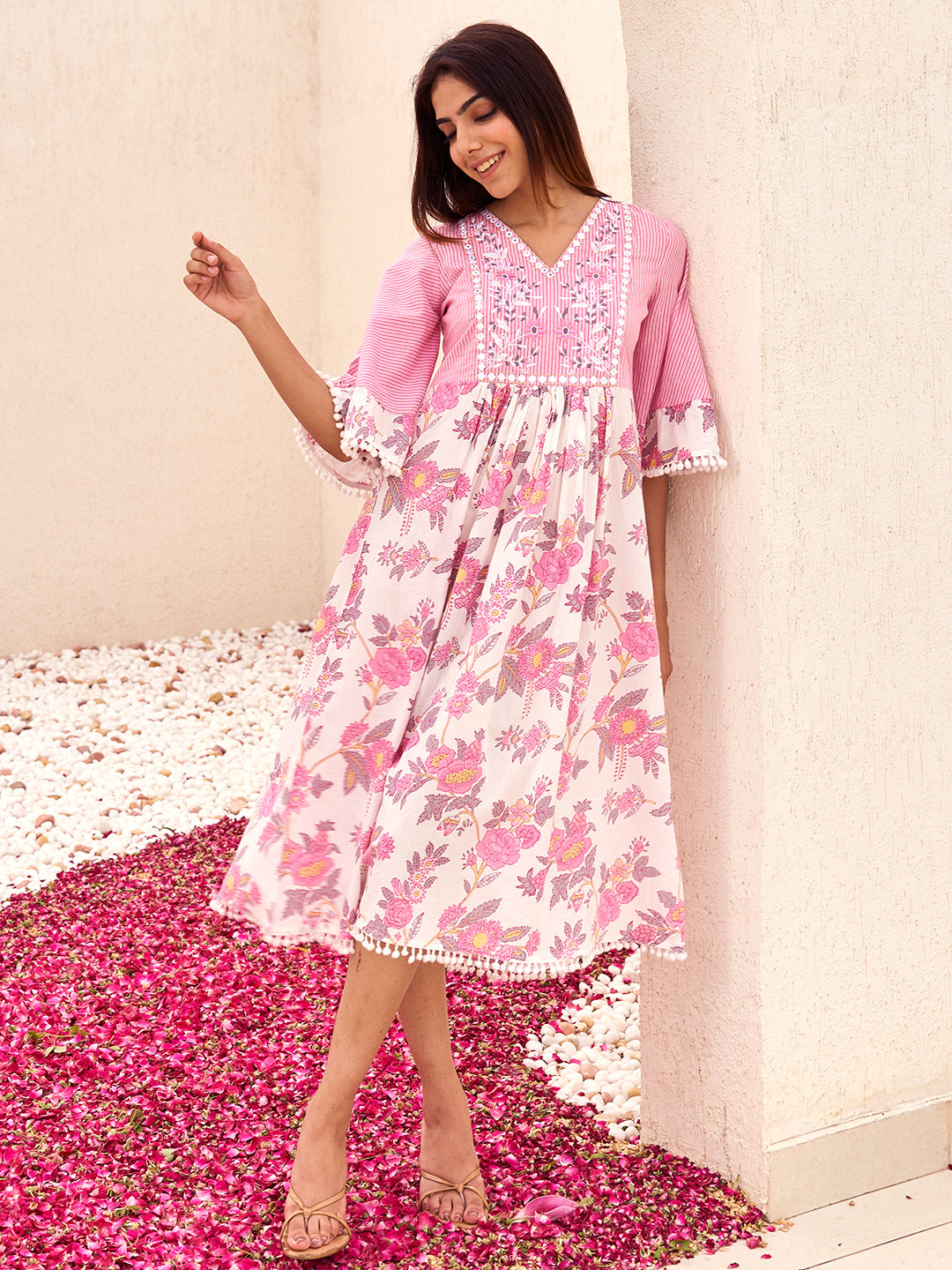 Pink Printed Cotton A-Line Dress