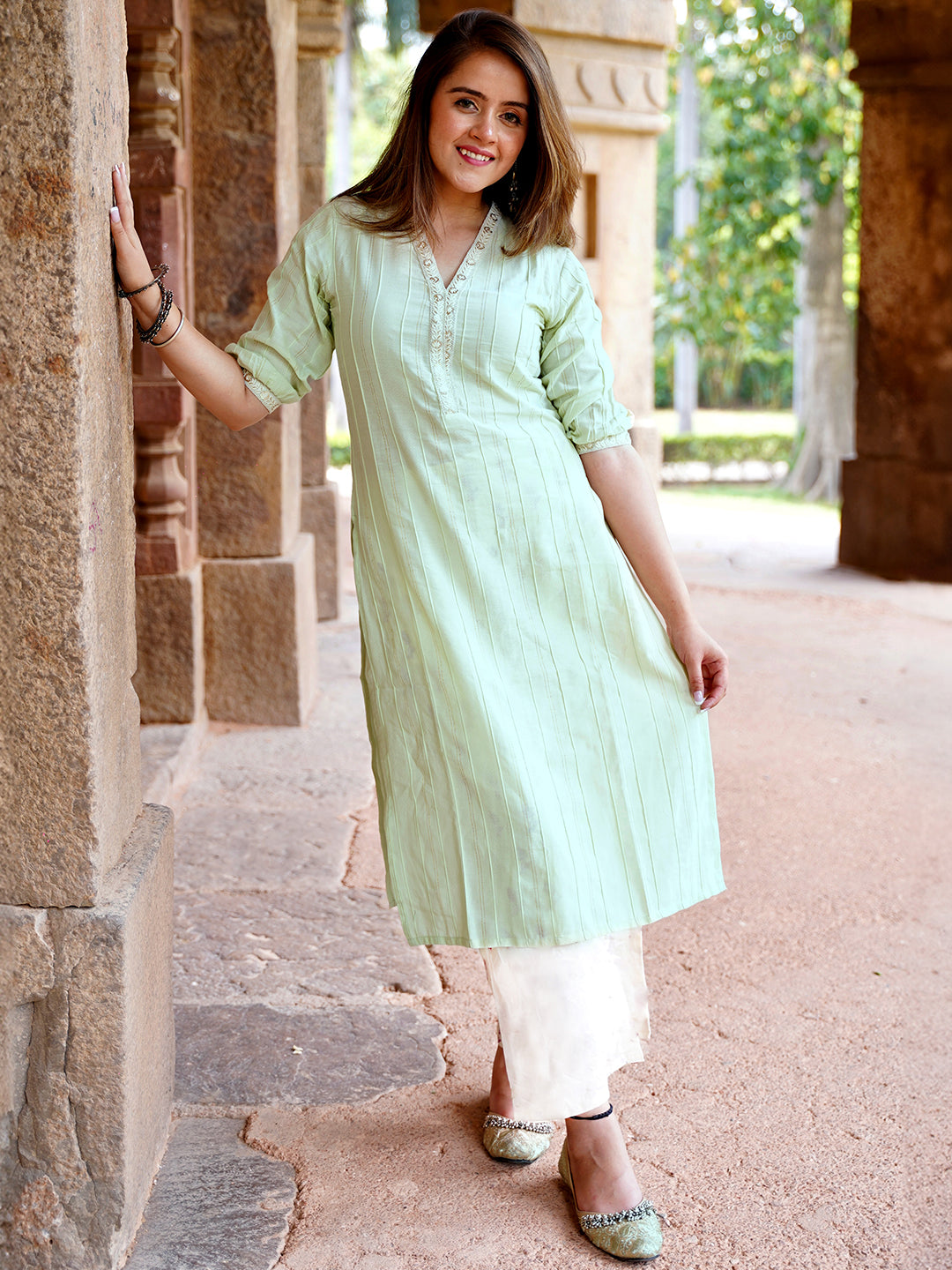 Light green Woven Design Cotton Straight Kurta