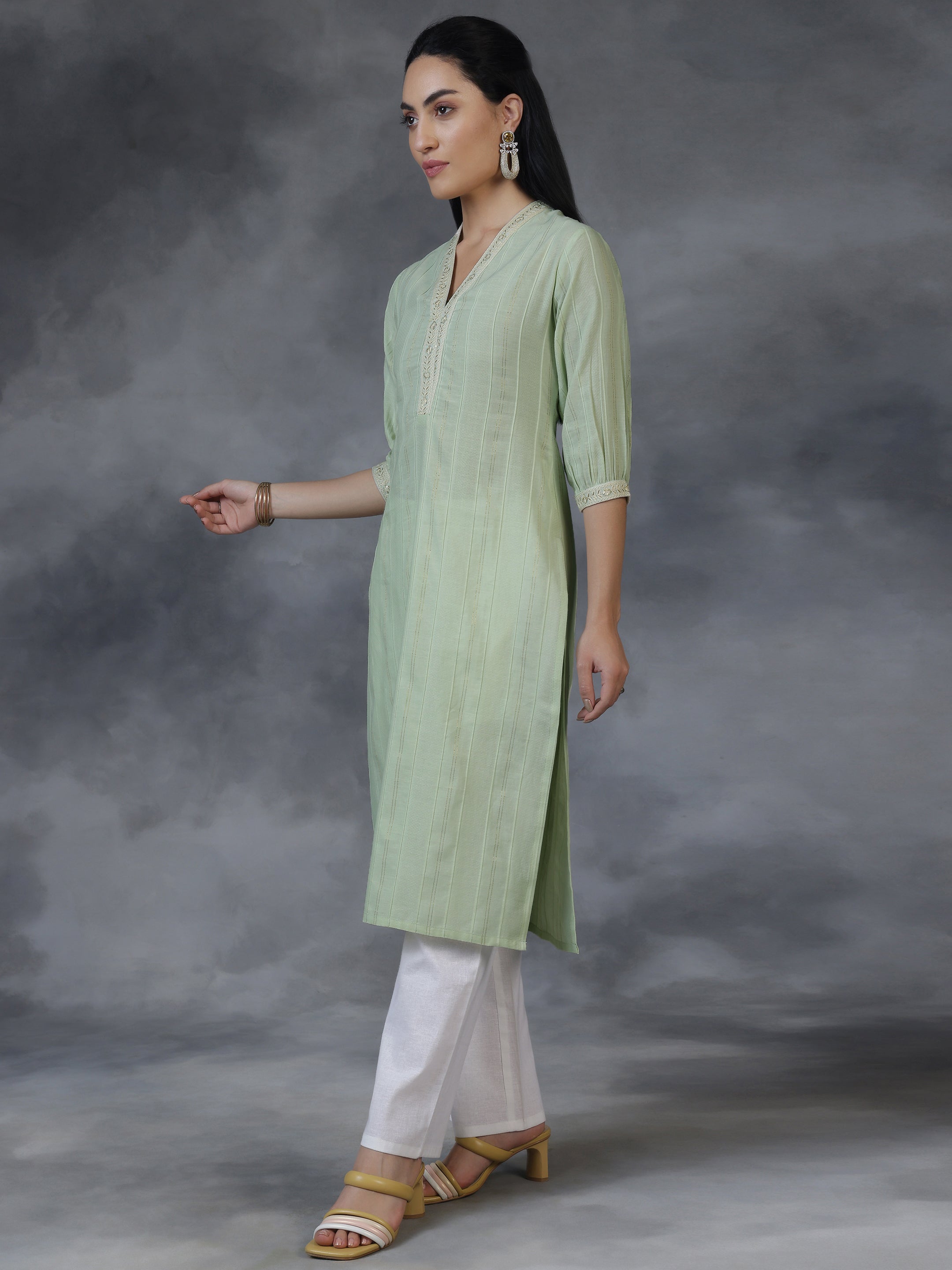 Light green Woven Design Cotton Straight Kurta