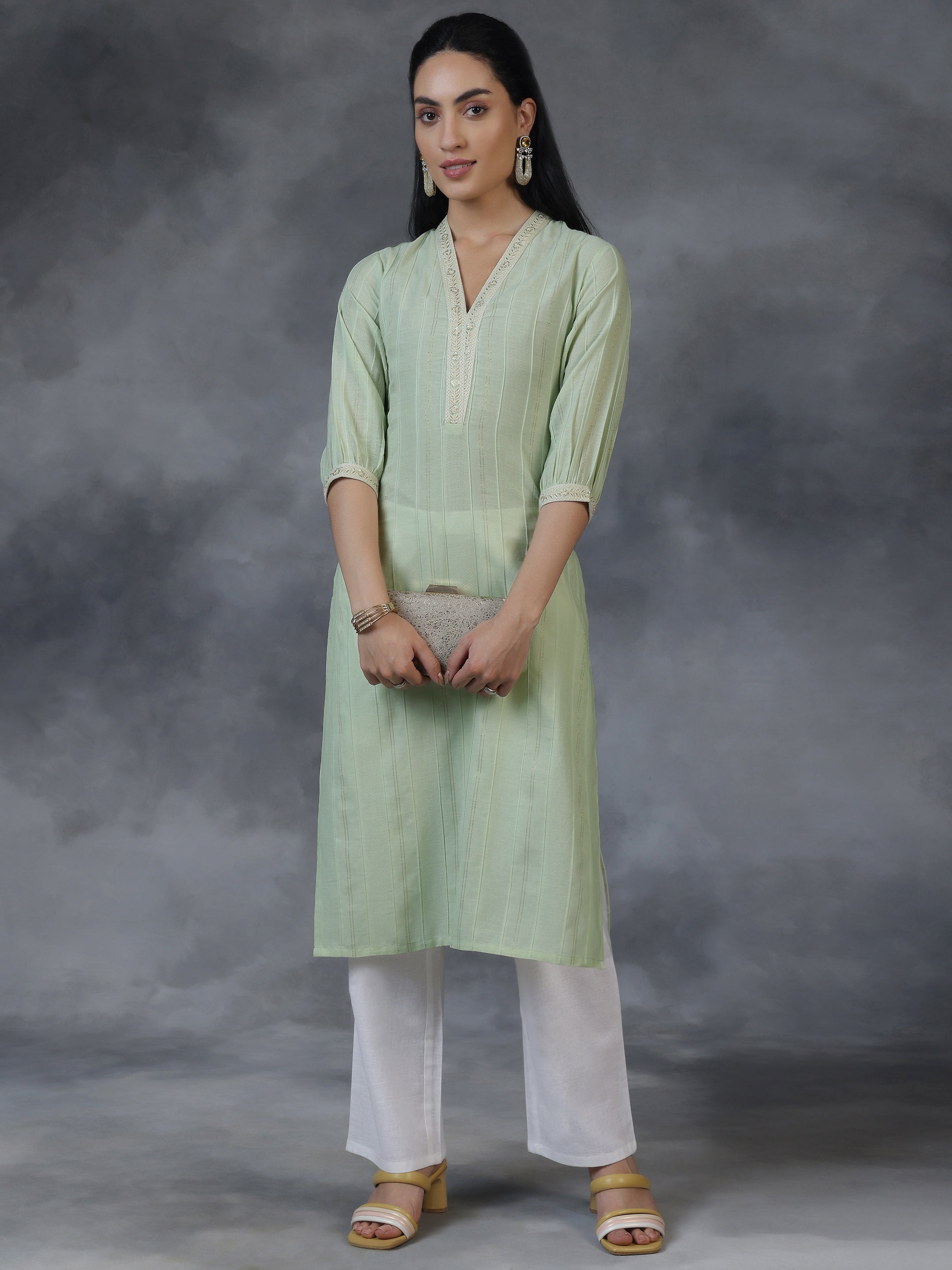 Light green Woven Design Cotton Straight Kurta