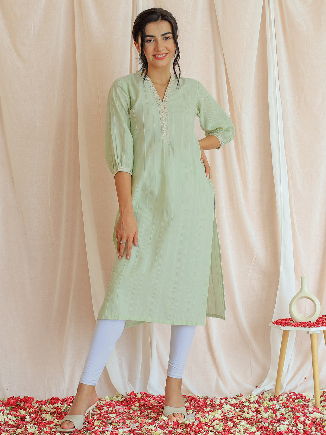 Light green Woven Design Cotton Straight Kurta