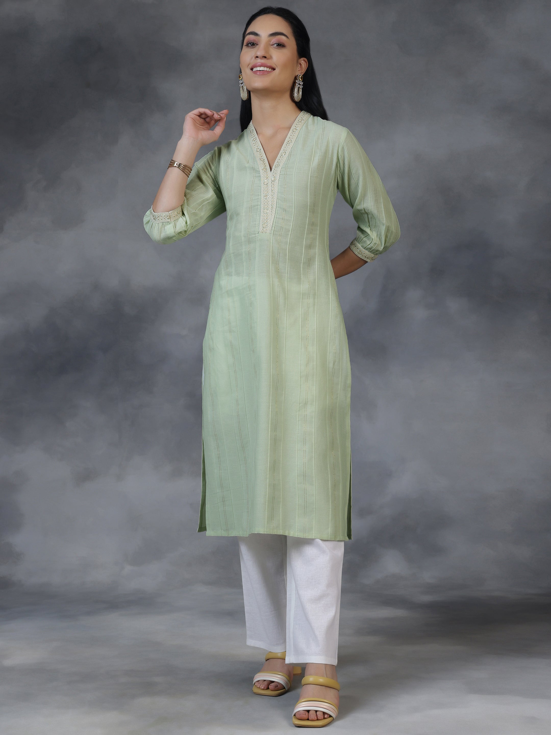 Light green Woven Design Cotton Straight Kurta