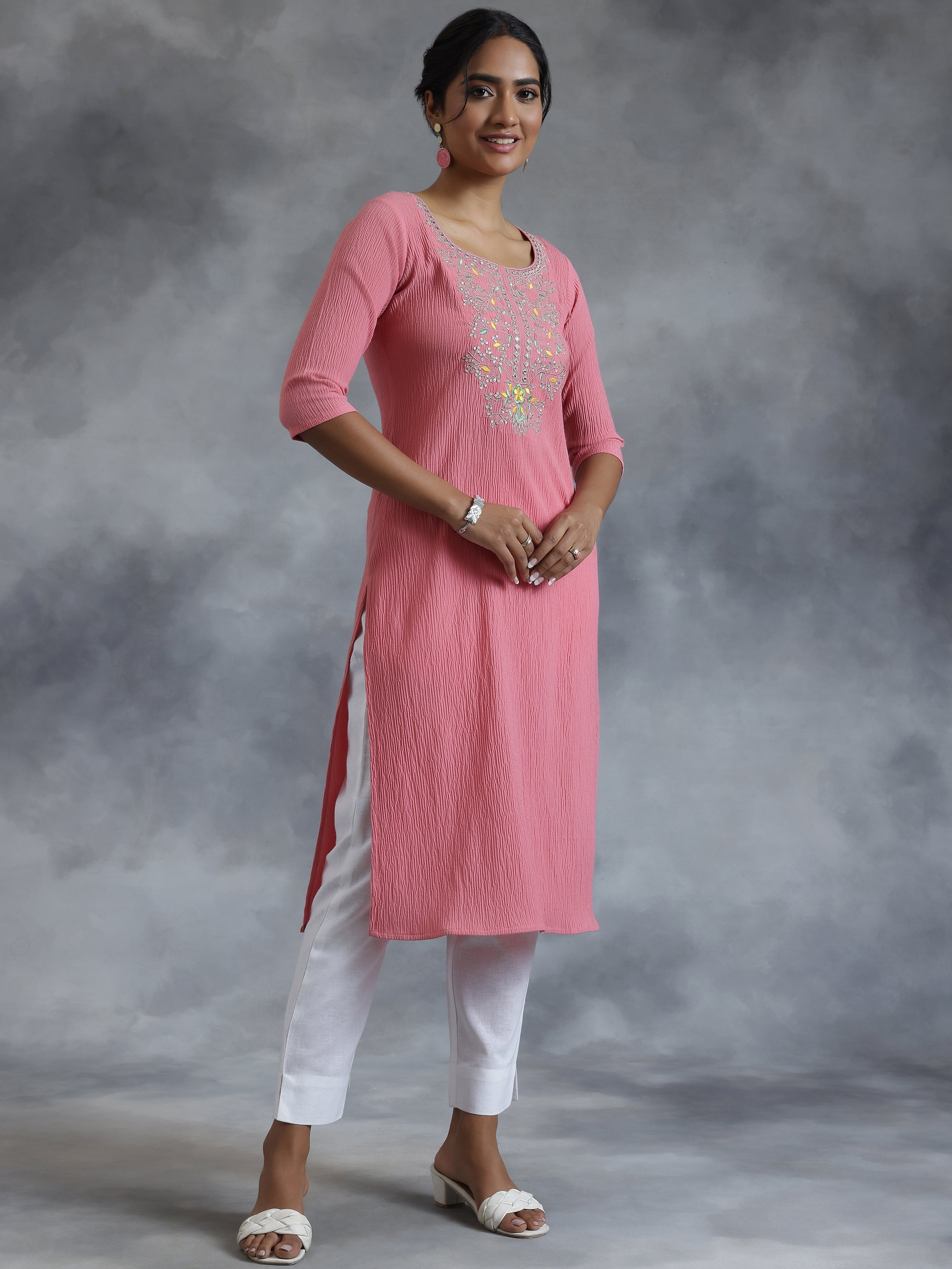 Pink Yoke Design Polyester Straight Kurta