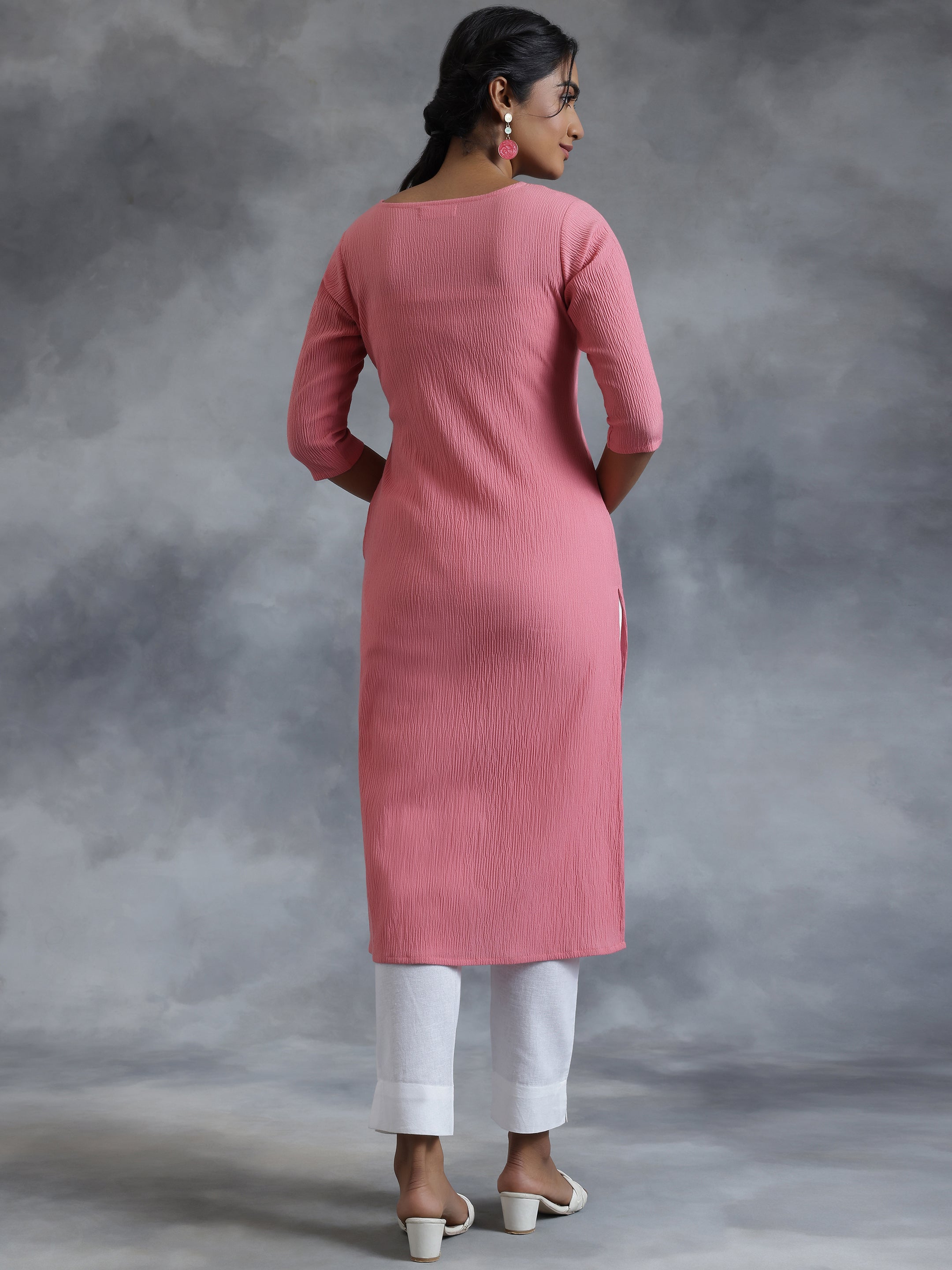 Pink Yoke Design Polyester Straight Kurta