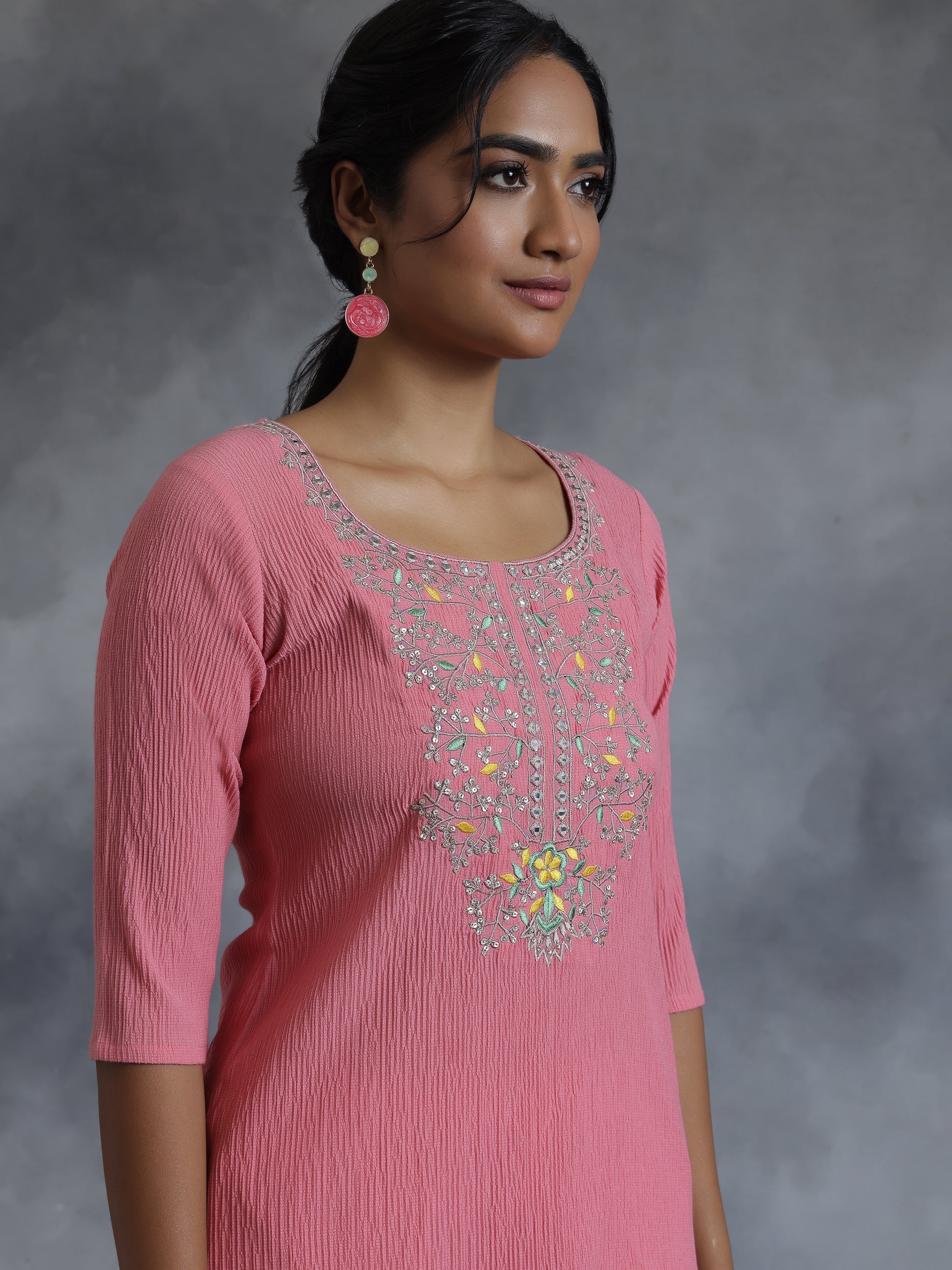 Pink Yoke Design Polyester Straight Kurta