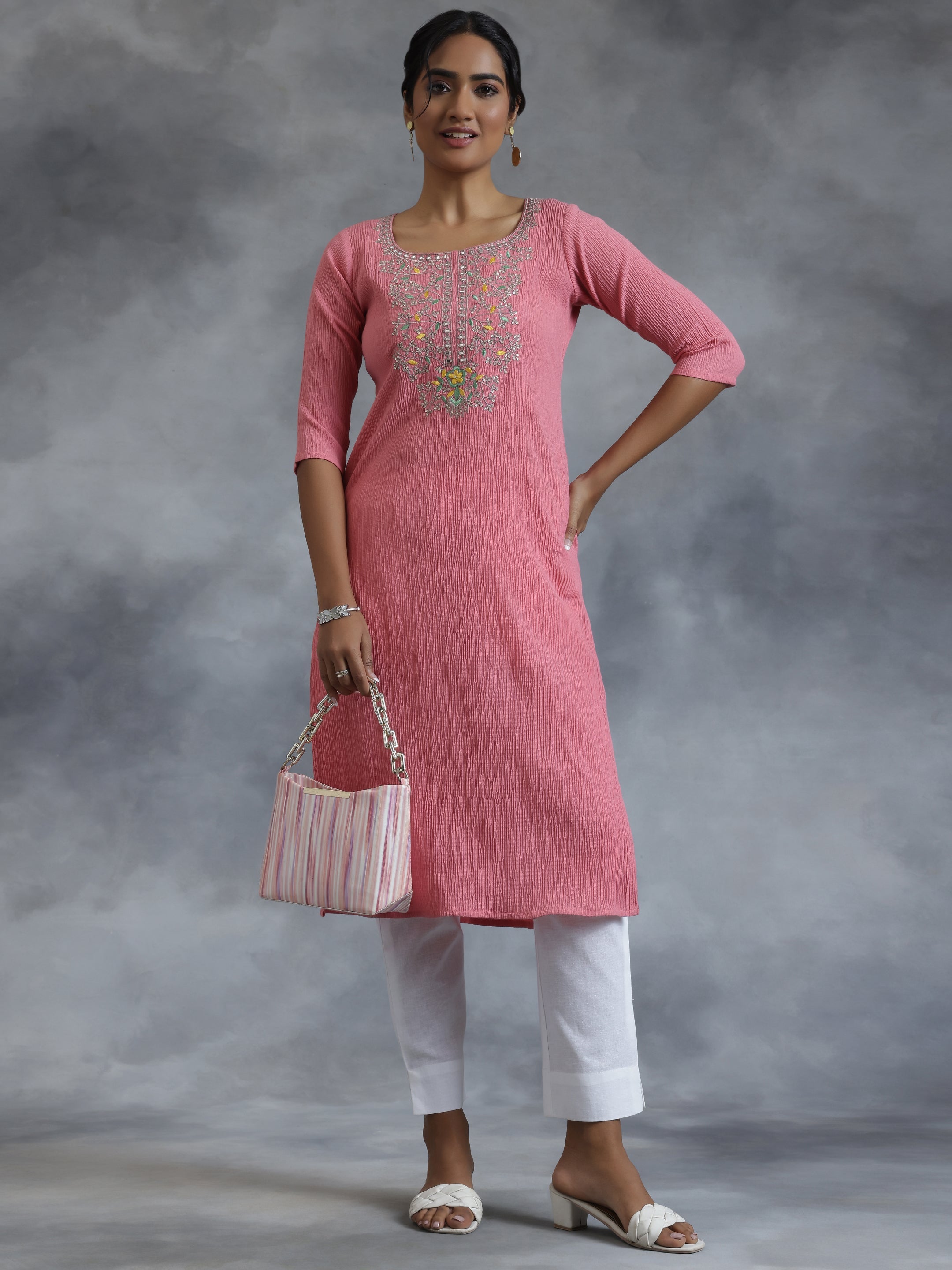 Pink Yoke Design Polyester Straight Kurta