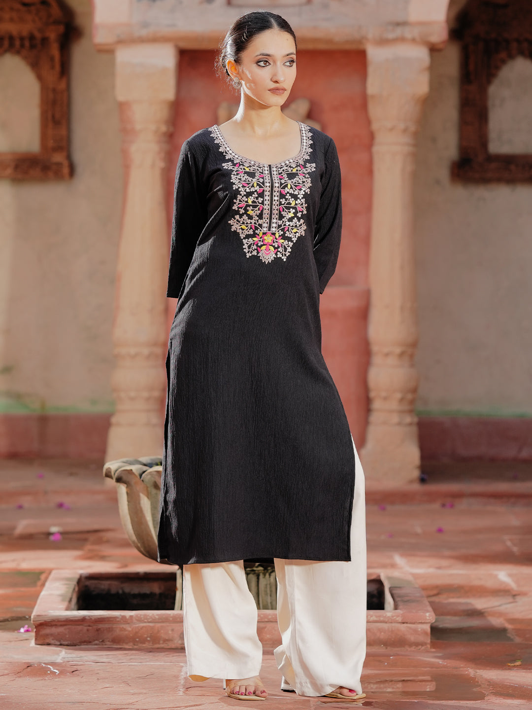 Black Yoke Design Polyester Straight Kurta