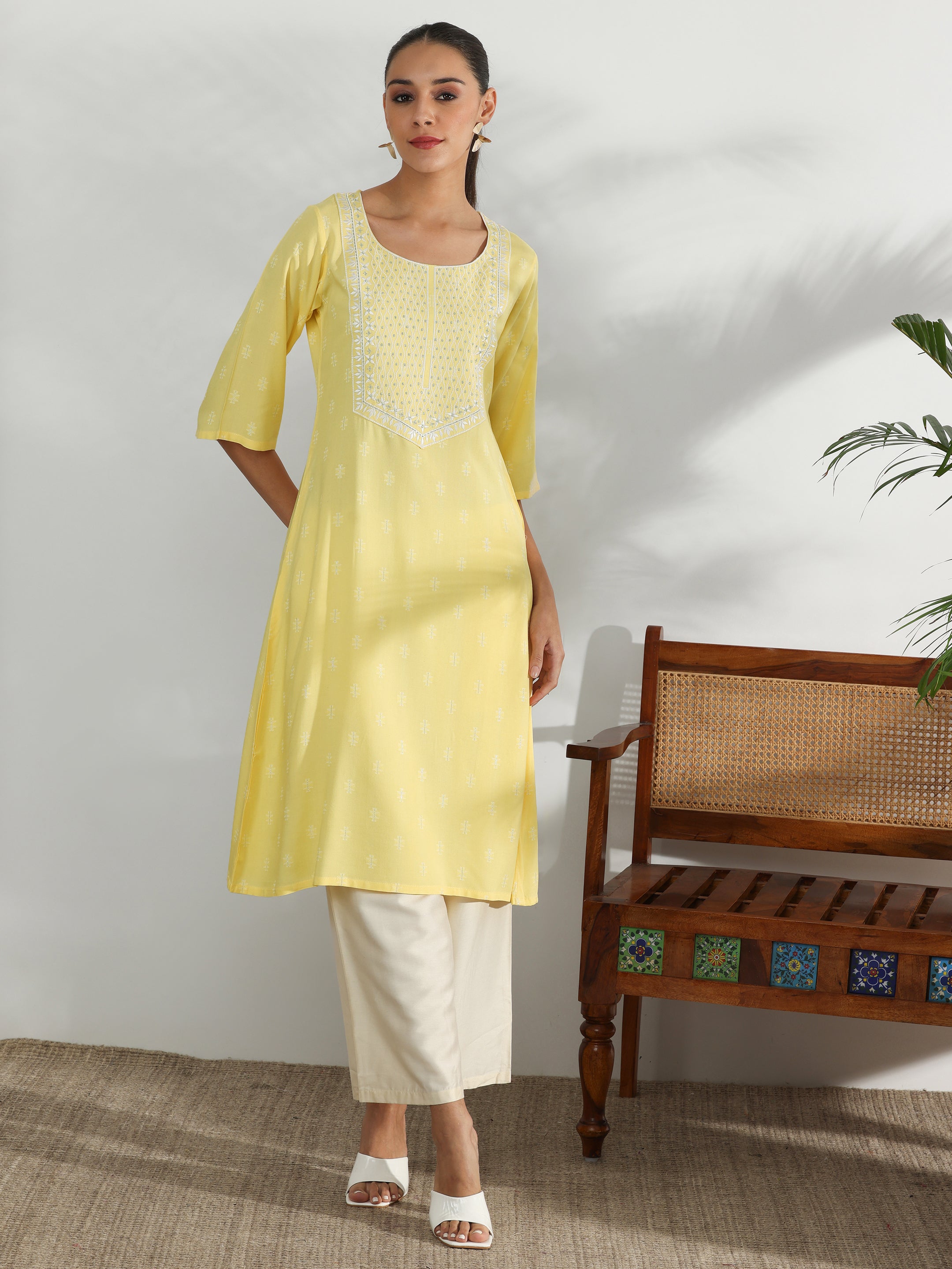 Yellow Woven Design Rayon Straight Kurta