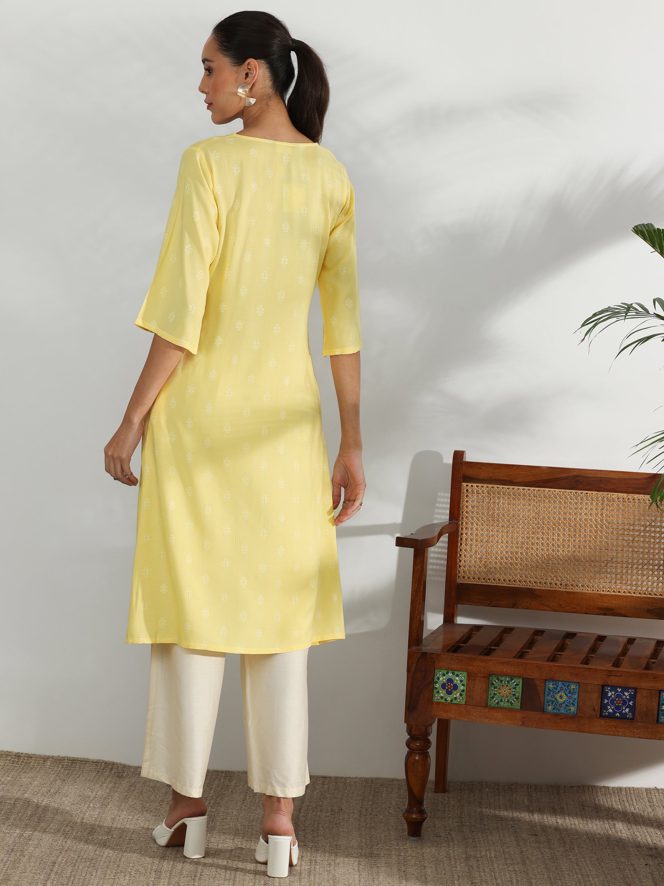 Yellow Woven Design Rayon Straight Kurta