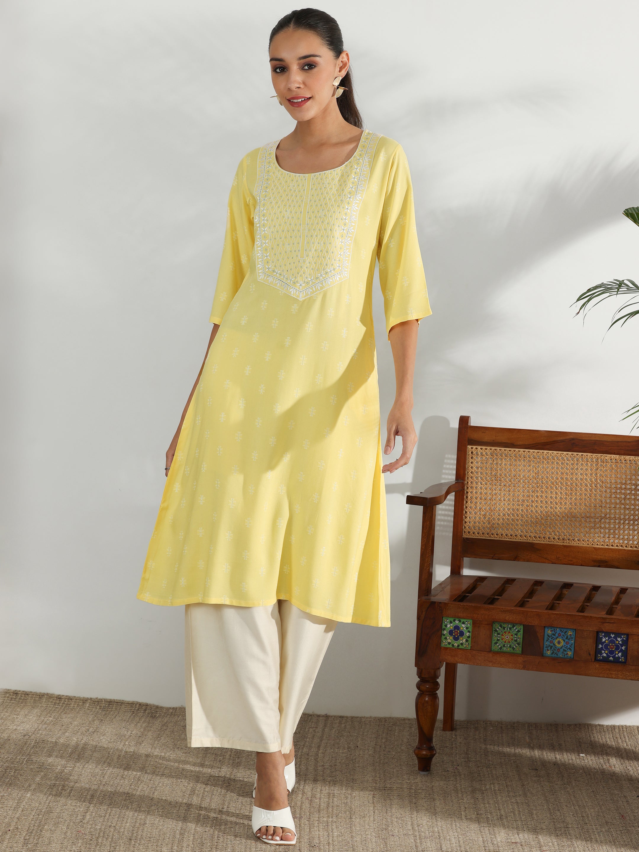 Yellow Woven Design Rayon Straight Kurta