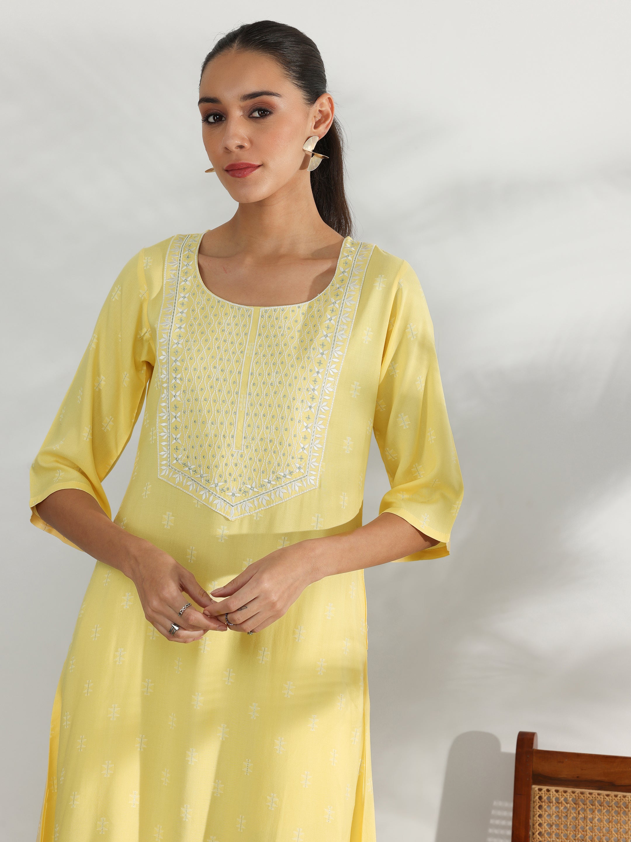 Yellow Woven Design Rayon Straight Kurta