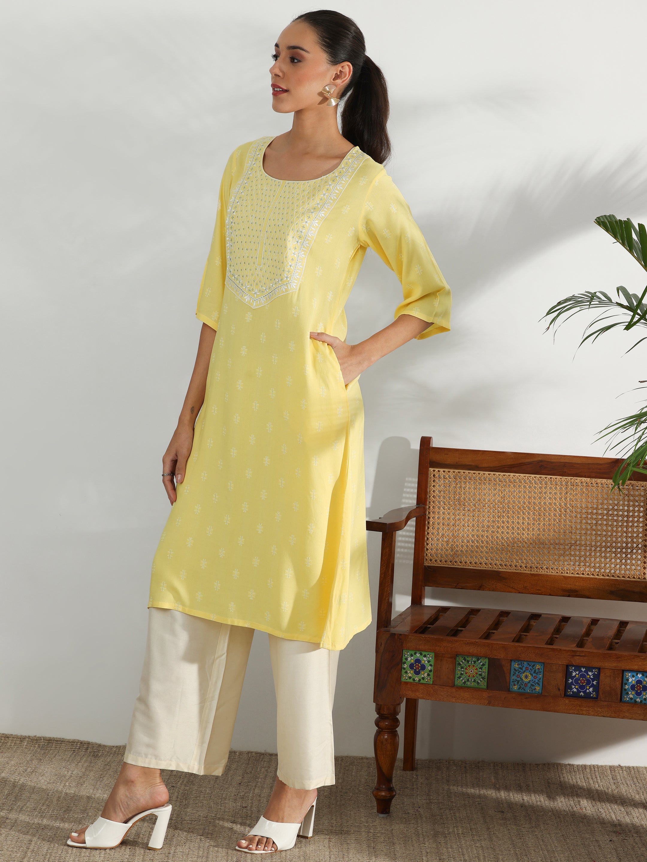 Yellow Woven Design Rayon Straight Kurta