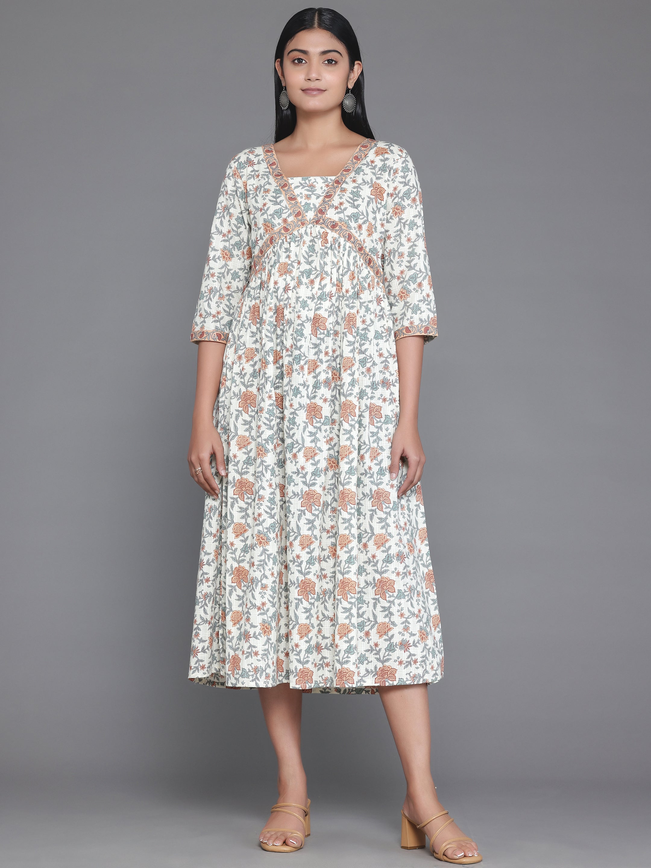 Off White Printed Cotton Fit and Flare Dress