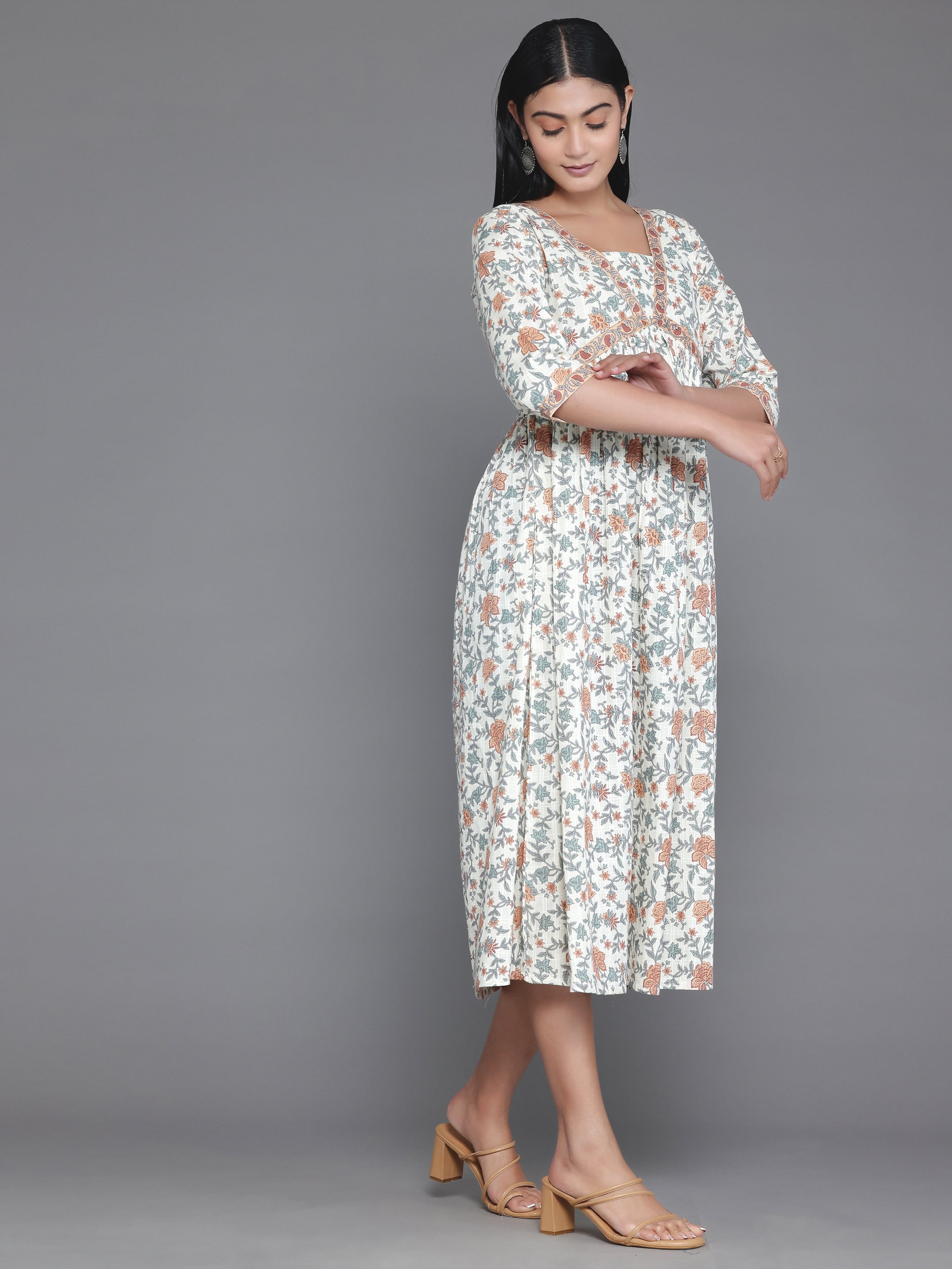 Off White Printed Cotton Fit and Flare Dress