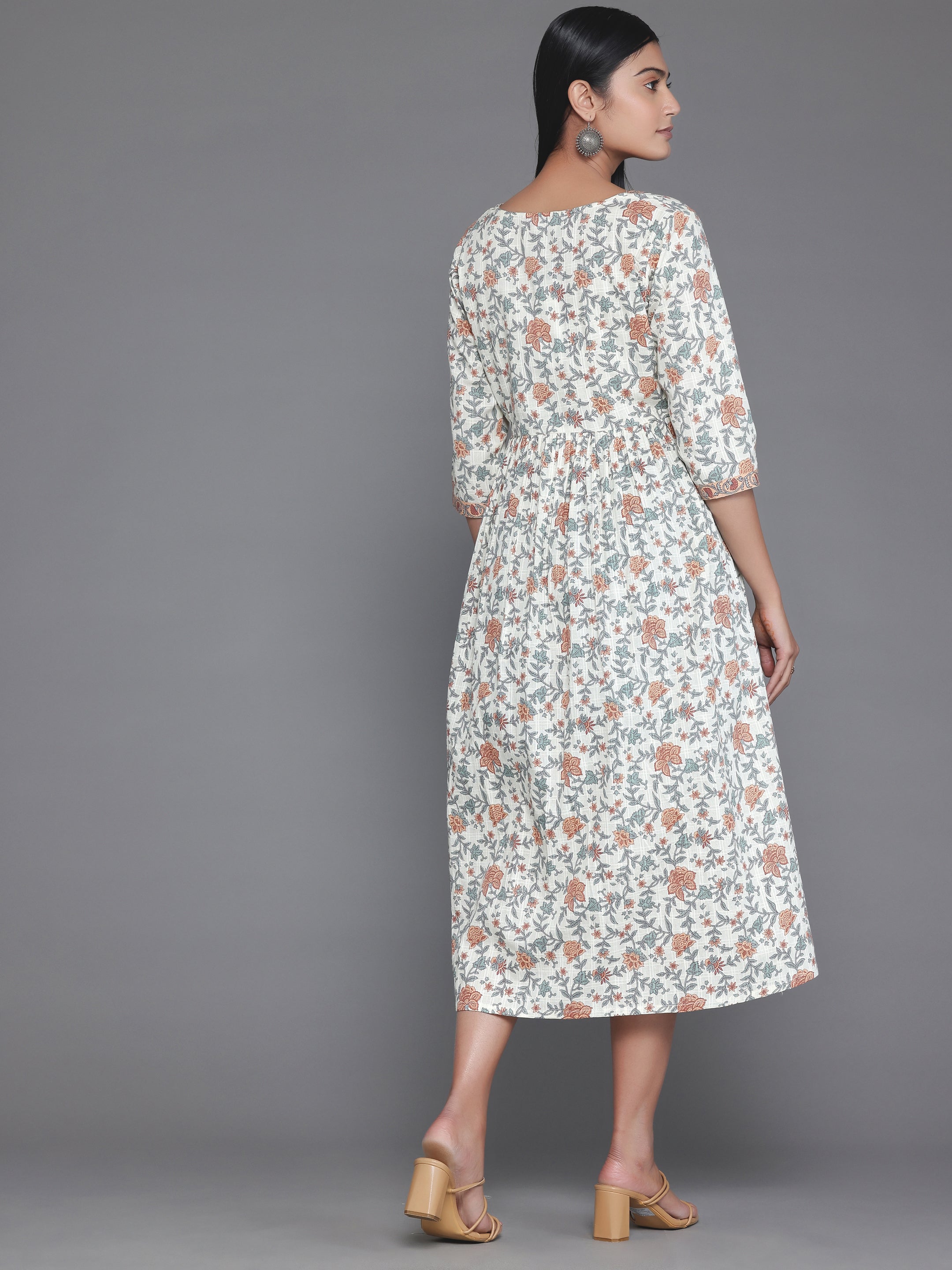 Off White Printed Cotton Fit and Flare Dress