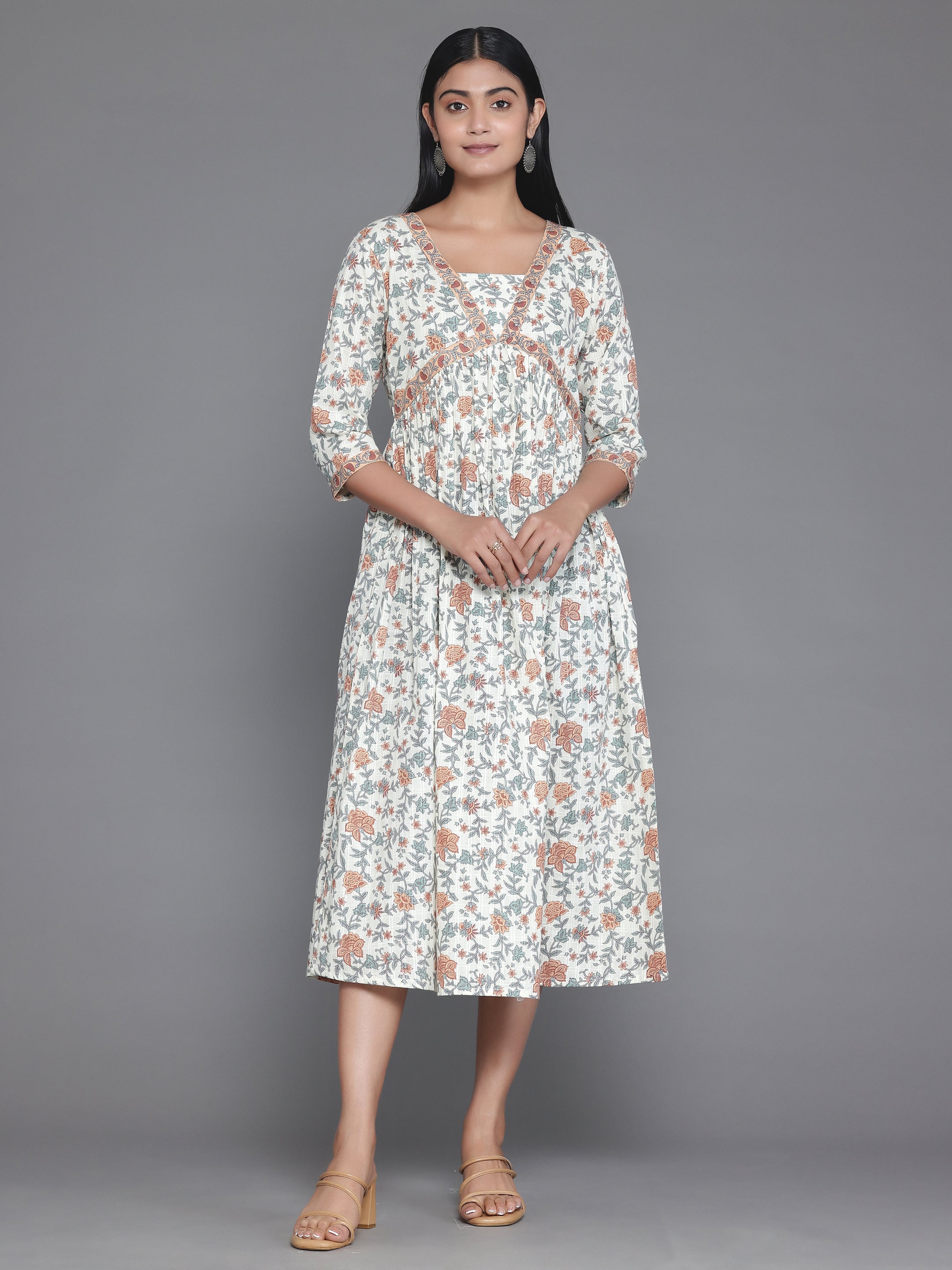 Off White Printed Cotton Fit and Flare Dress