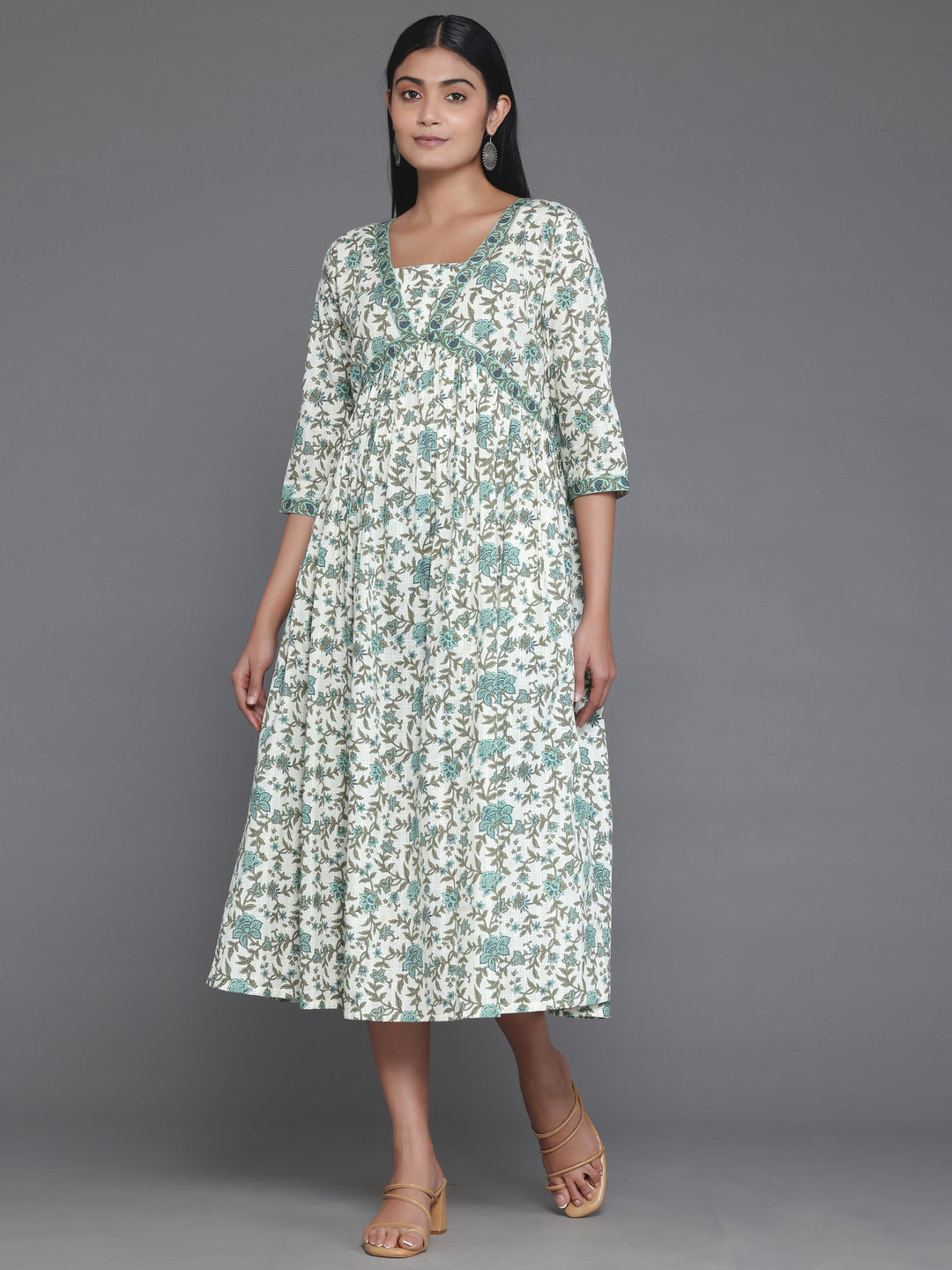 Off White Printed Cotton Fit and Flare Dress