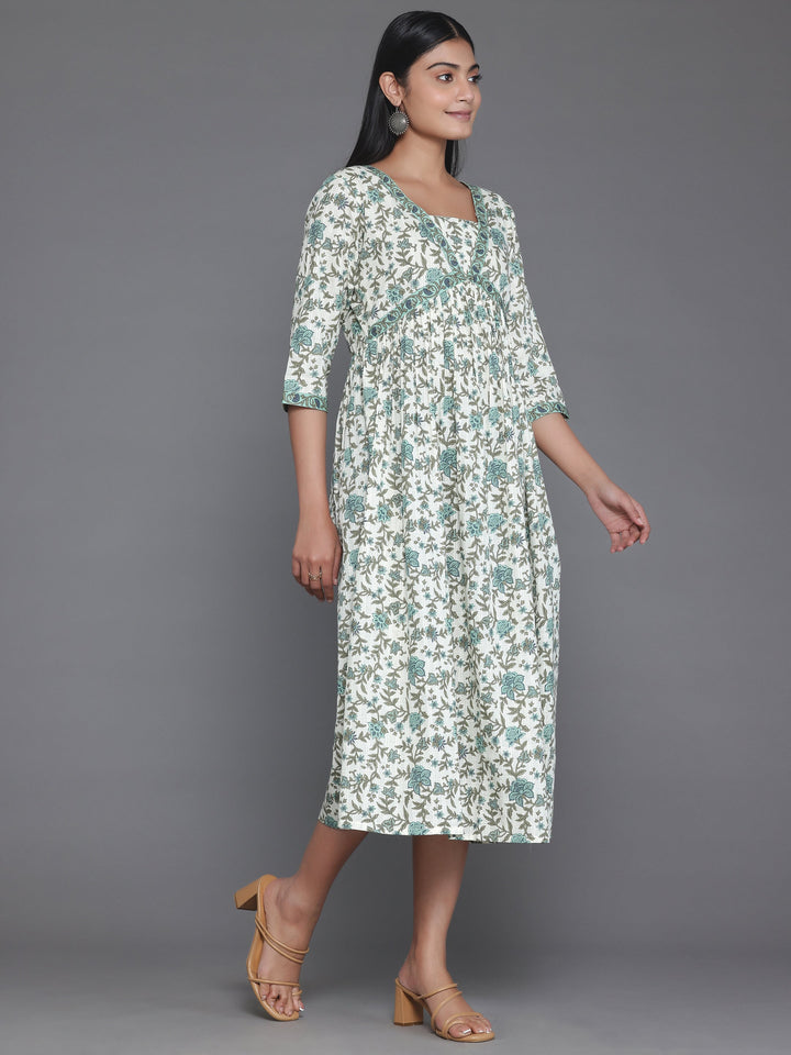 Off White Printed Cotton Fit and Flare Dress