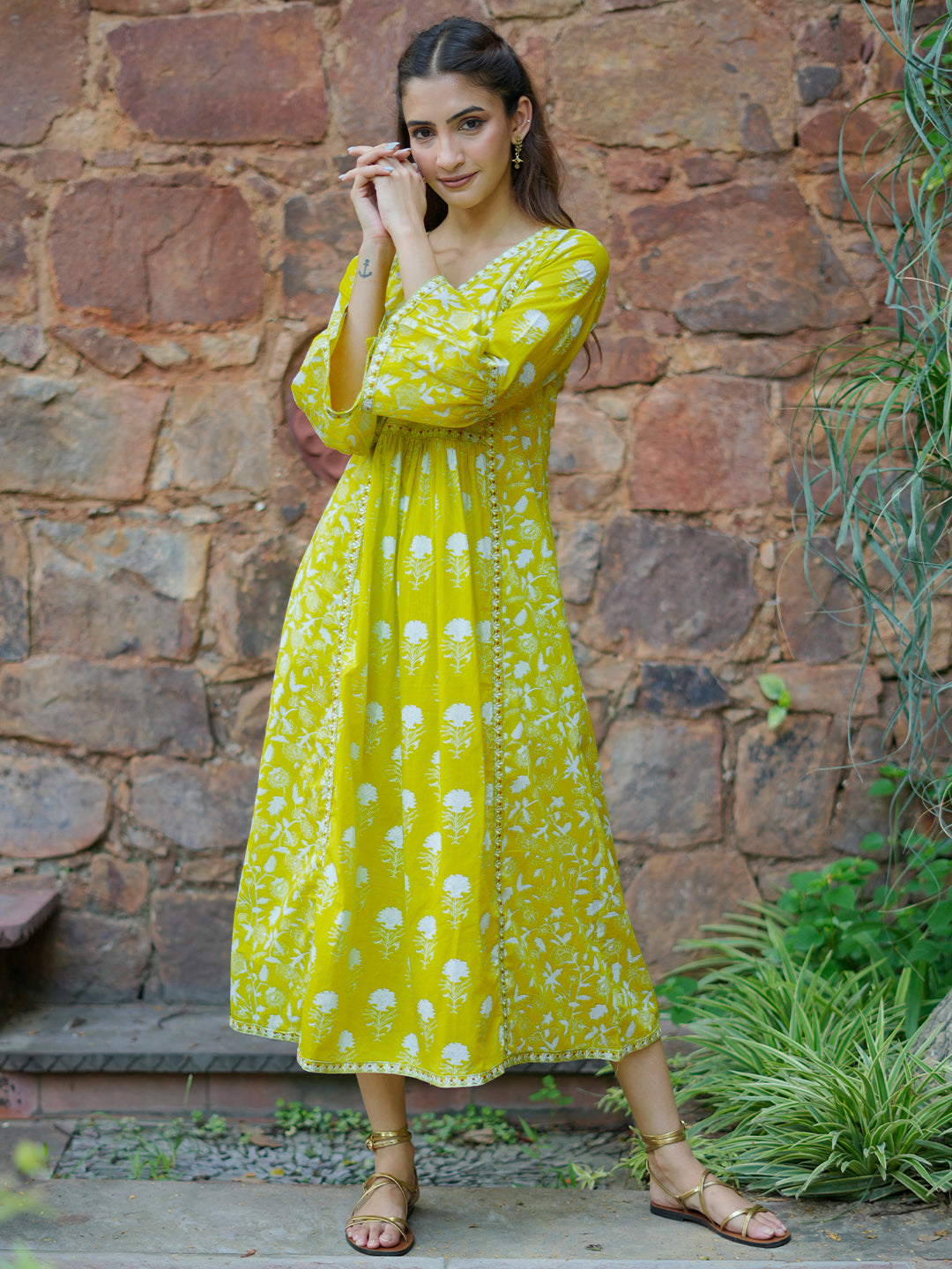 Neon Green Printed Cotton A-Line Dress